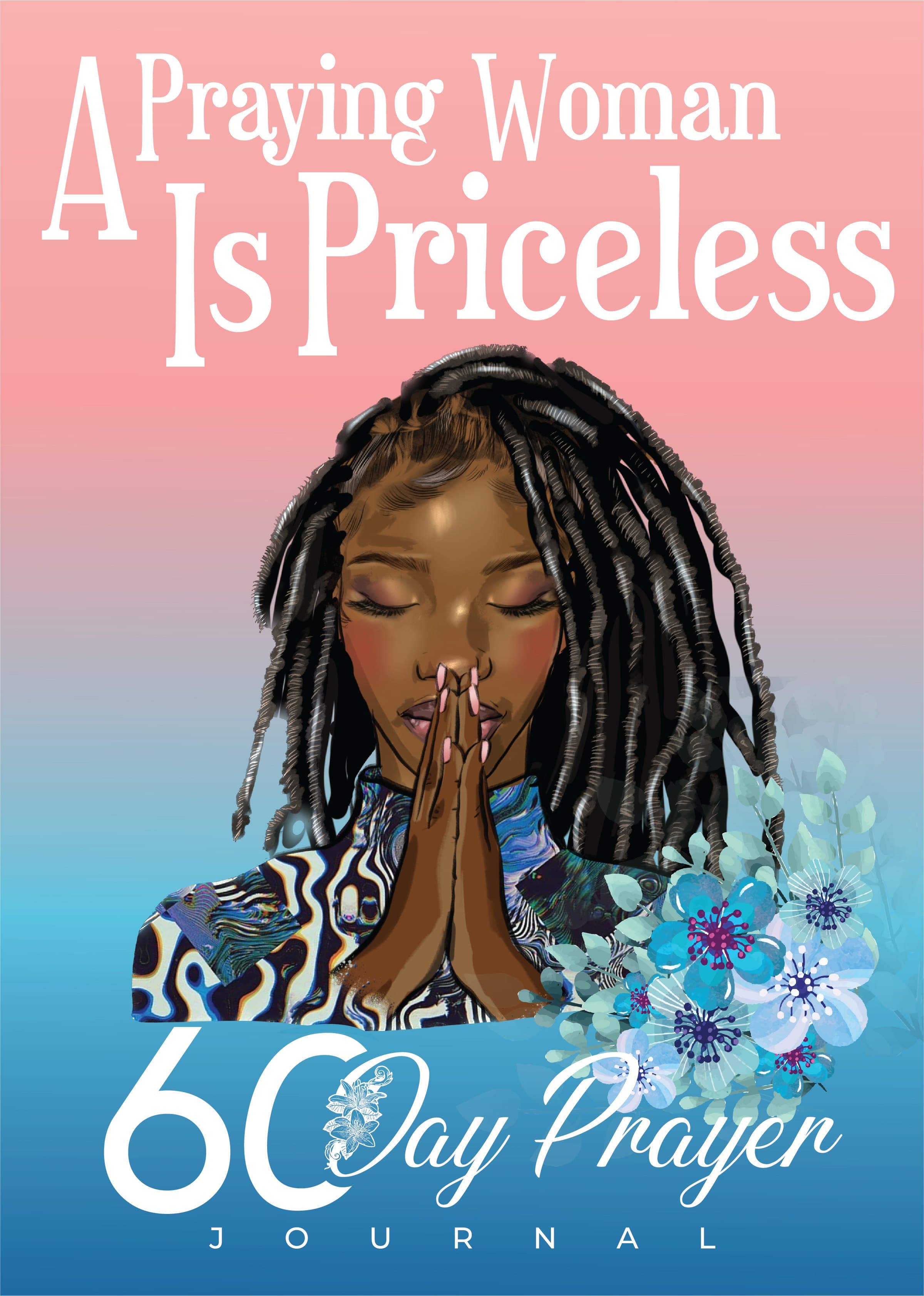 Flat cover artwork — illustrated woman praying amid blue florals