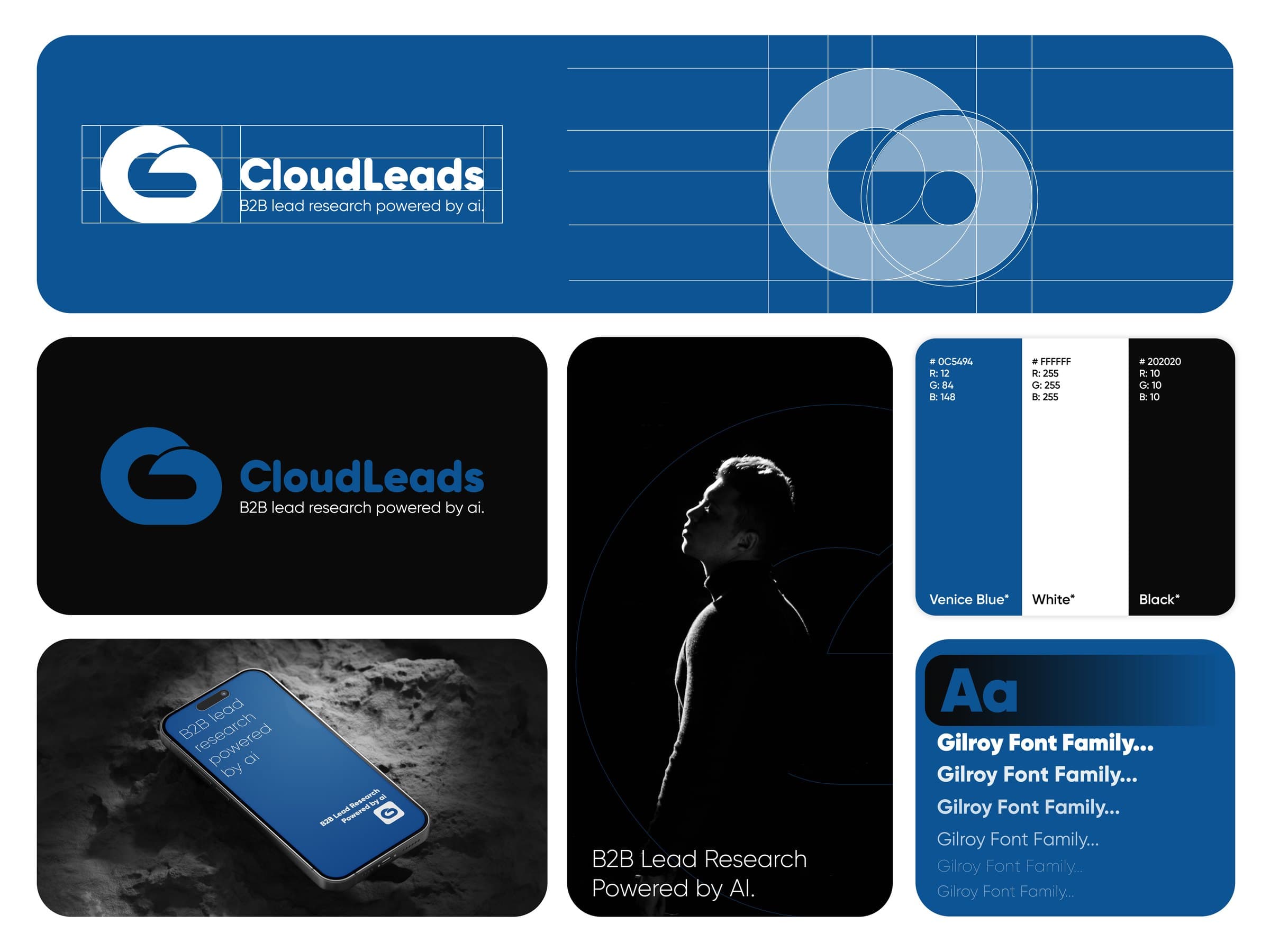 CloudLeads case study: logo grid, lockups, palette, phone mockup and Gilroy type family