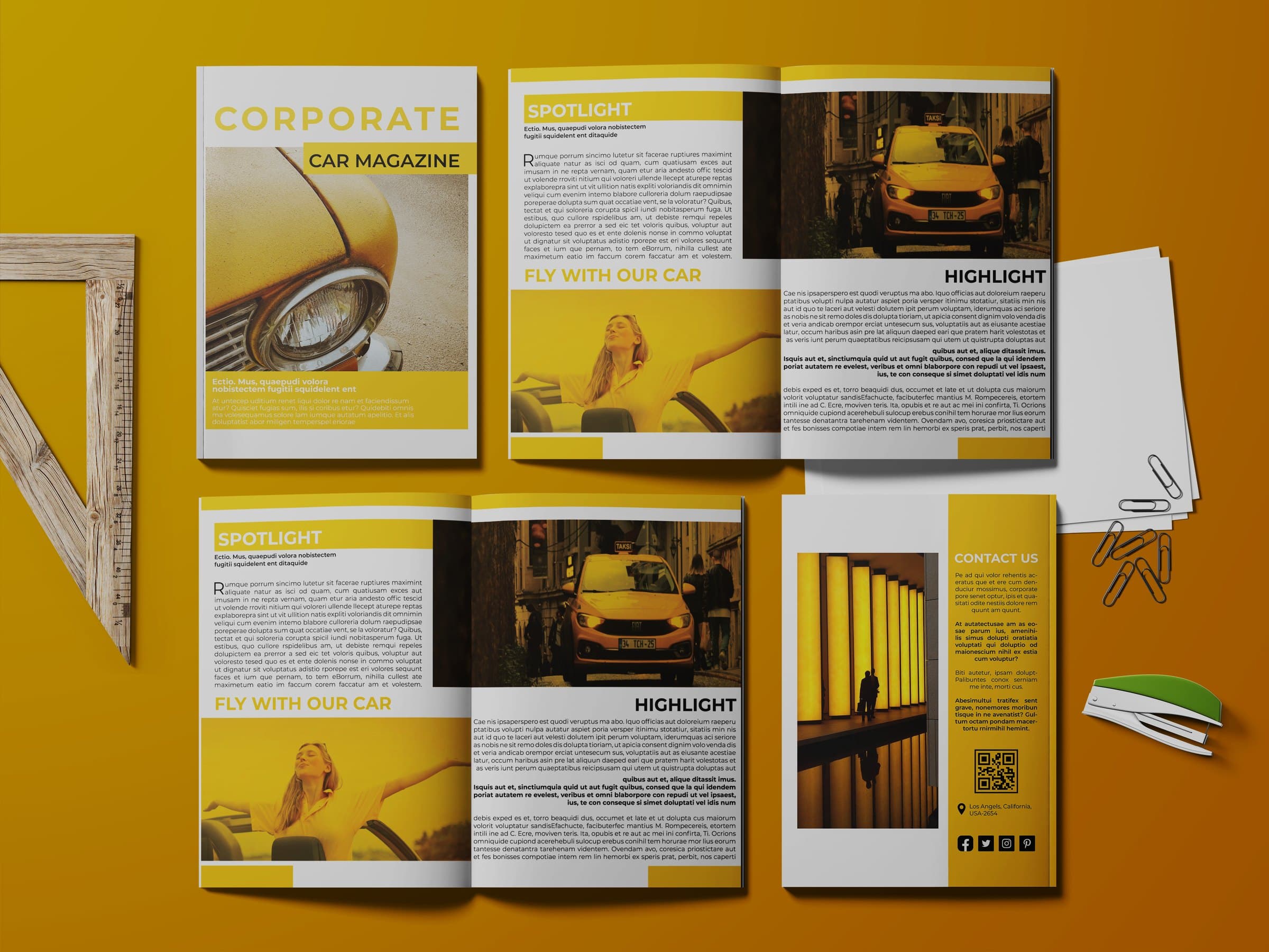 Open spreads showing the editorial grid, spotlight and highlight sections