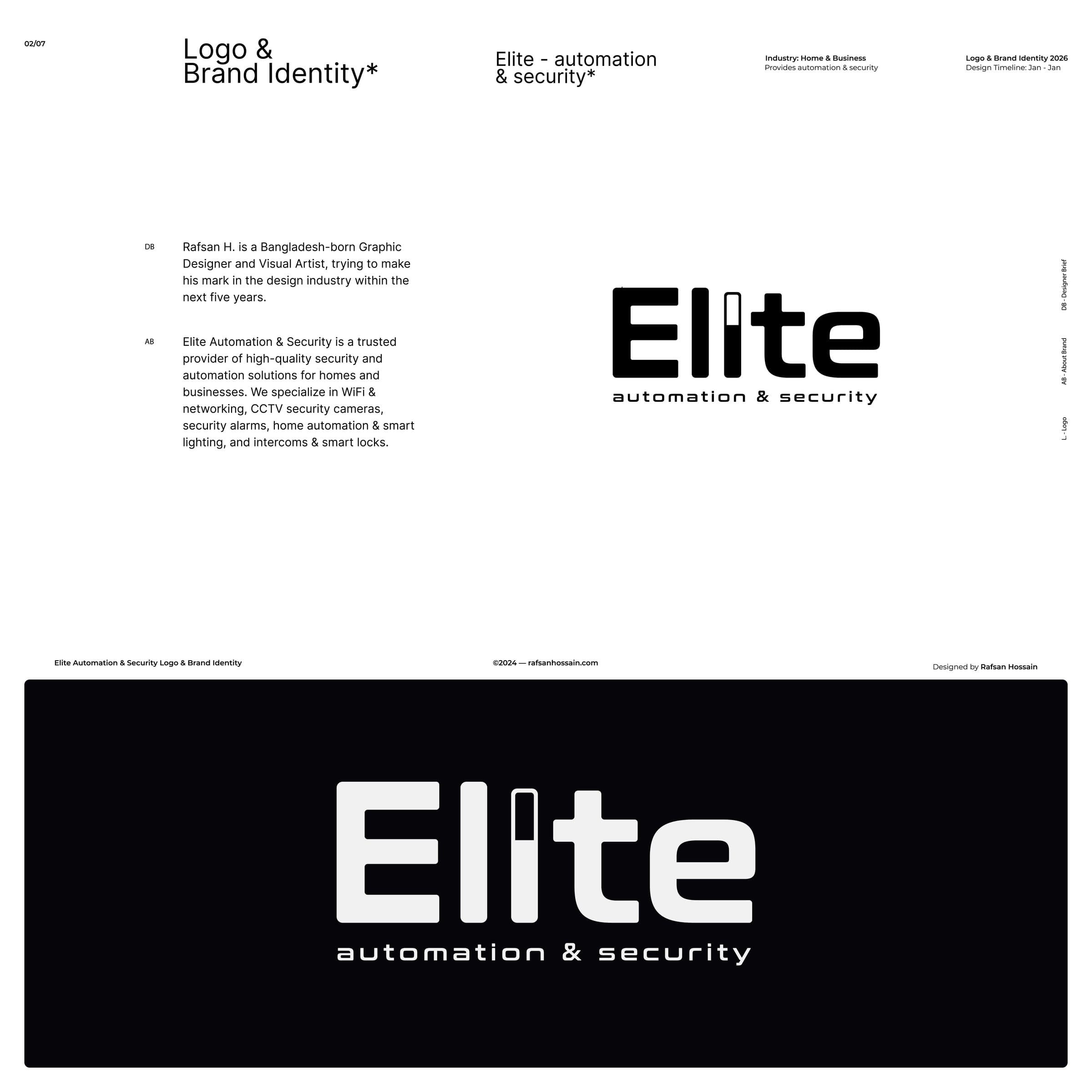 Elite brand identity presentation — rationale, positive and reversed wordmark