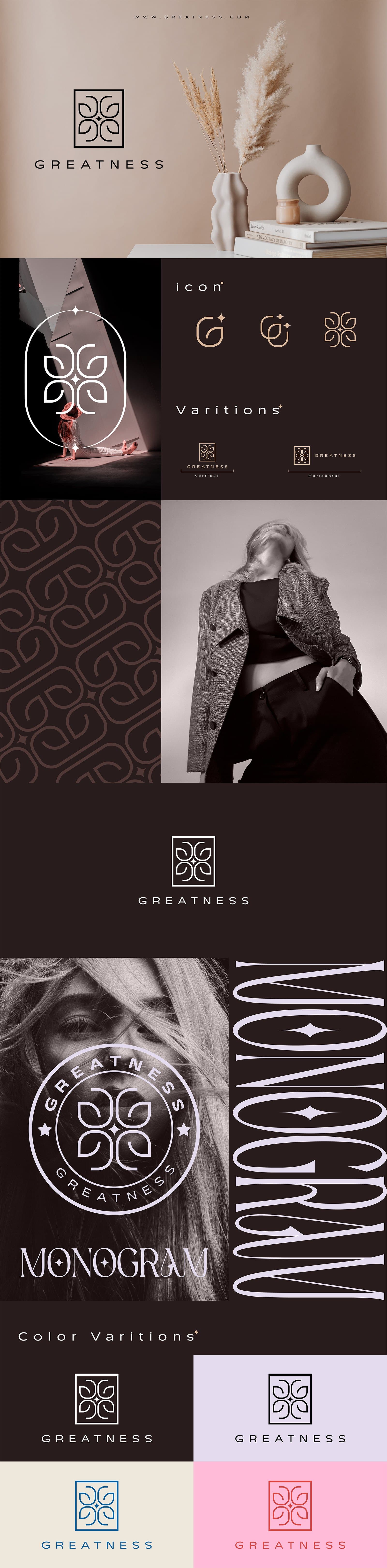 Complete Greatness identity board — monogram construction, icon variations, pattern, monogram type and color variations