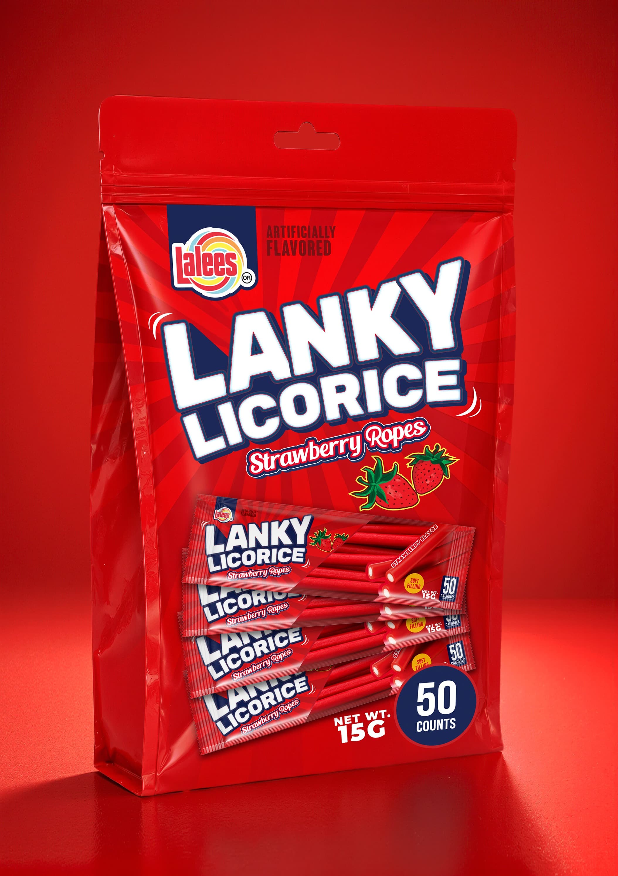 The redesigned Lanky Licorice stand-up pouch — bold white and blue logotype over a radial red sunburst, strawberry ropes visible through the pack