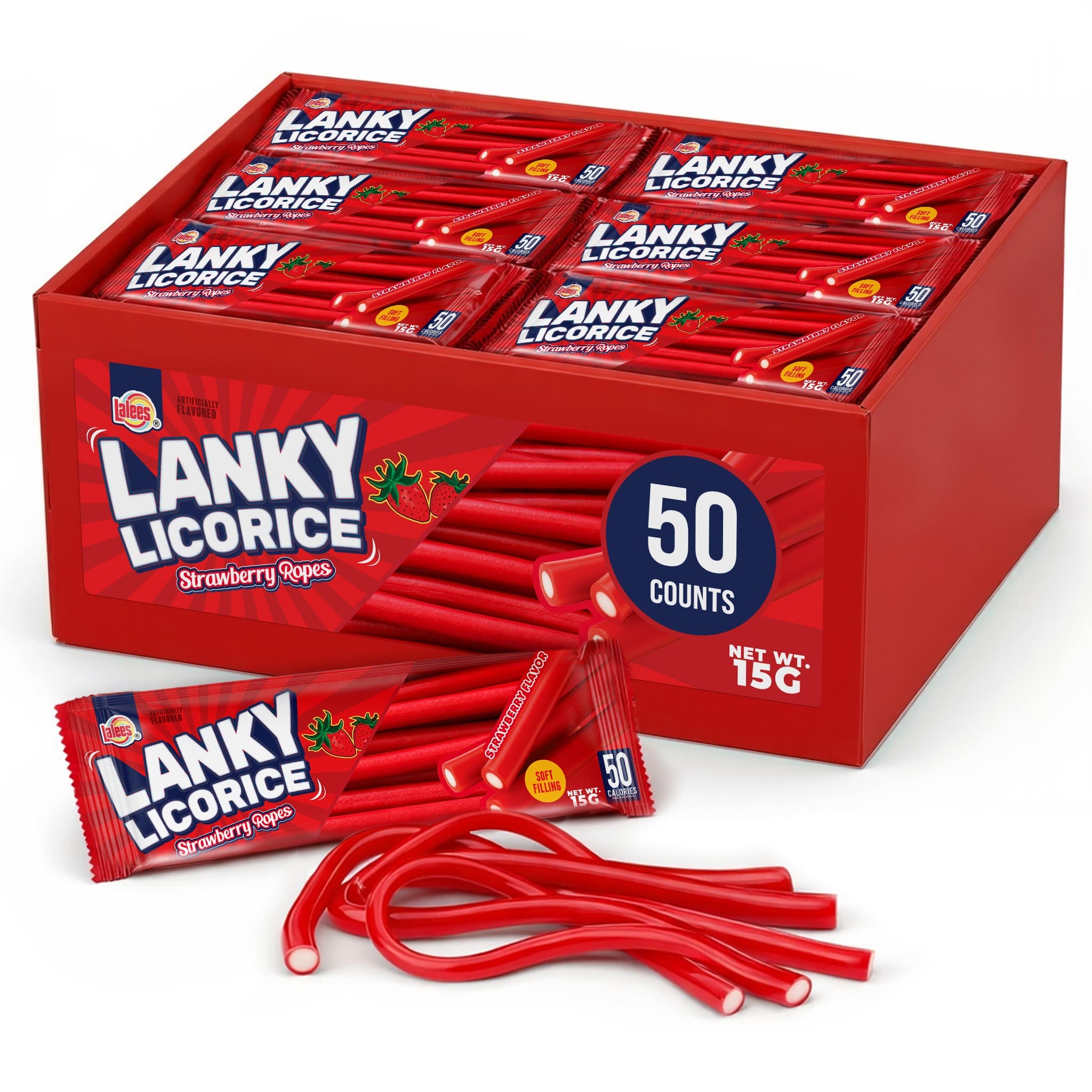 The 50-count display box open at retail angle, individually wrapped sticks inside and loose ropes in front
