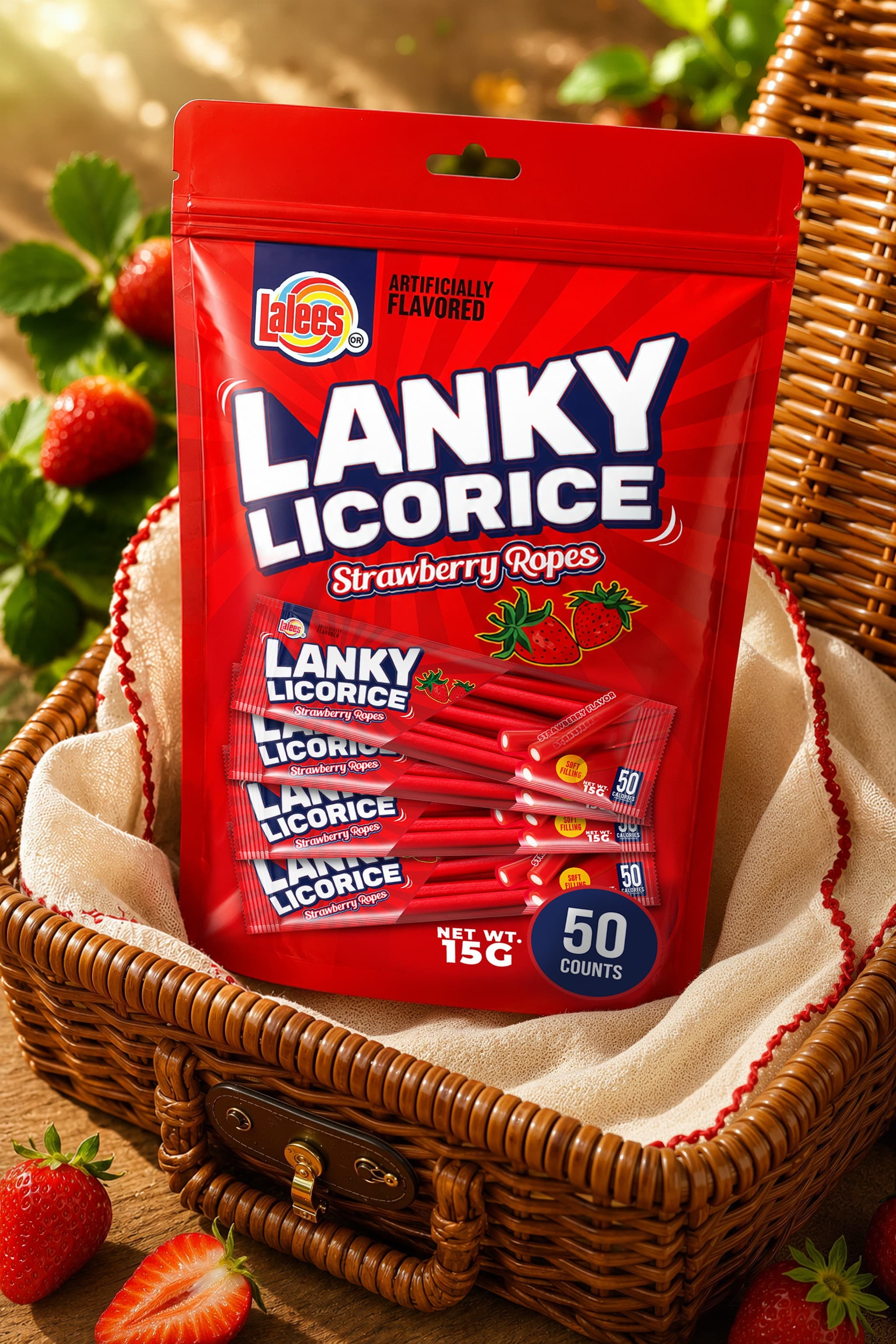 The pouch nestled in a picnic basket with fresh strawberries