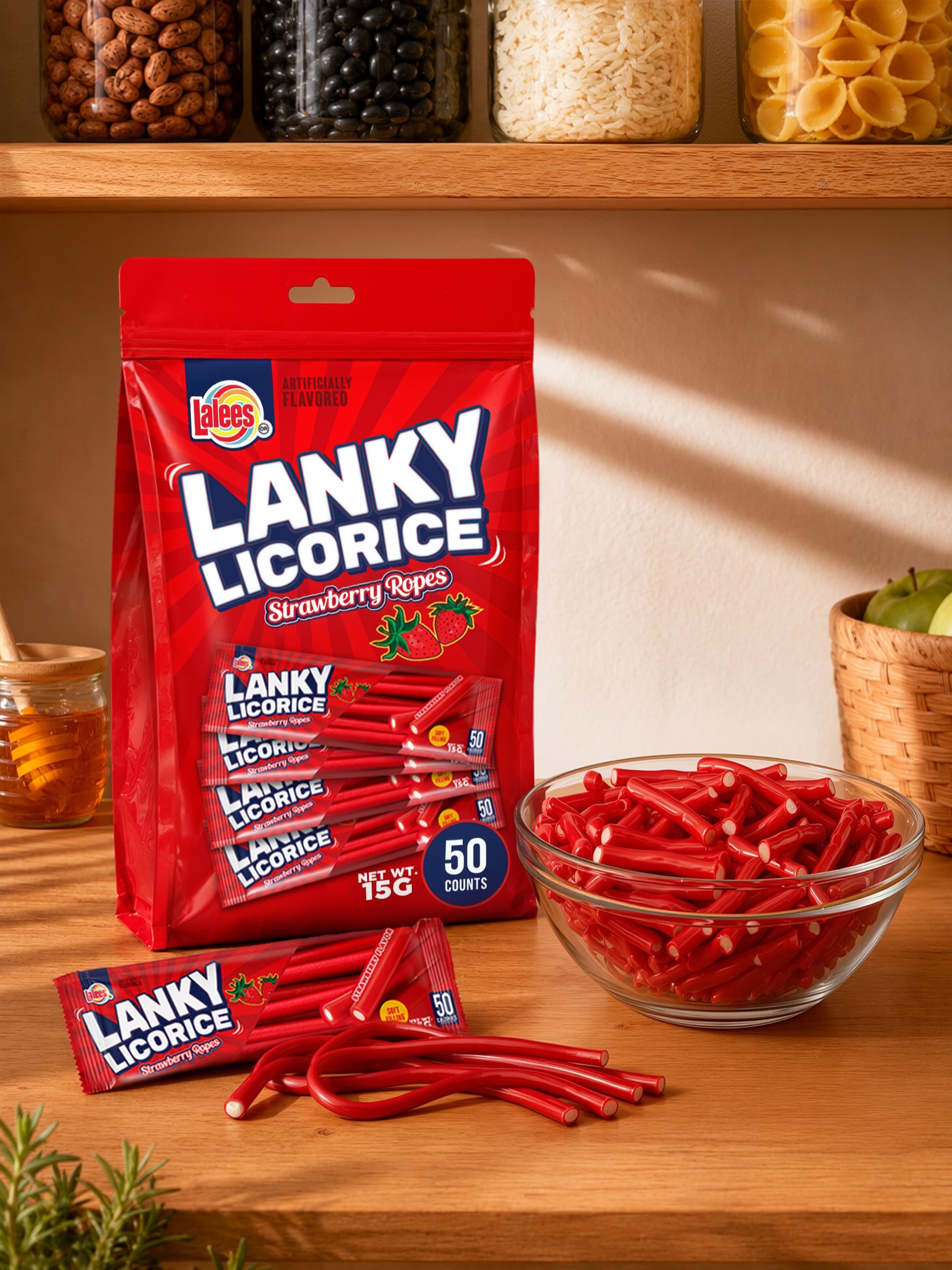 The pouch on a kitchen shelf beside a bowl of ropes and a single stick pack