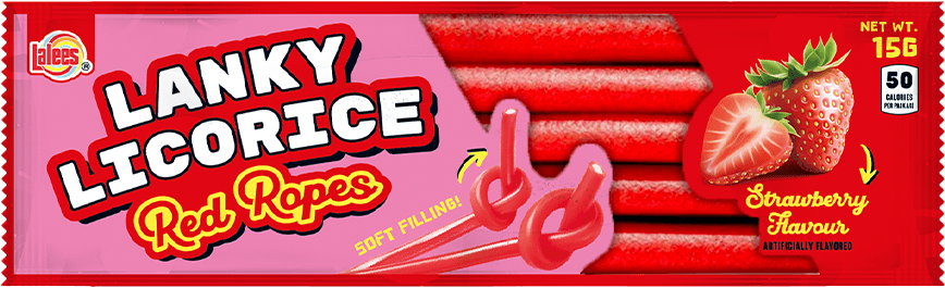 The old Lanky Licorice stick wrapper — pink field, bubble lettering, mascot squiggle