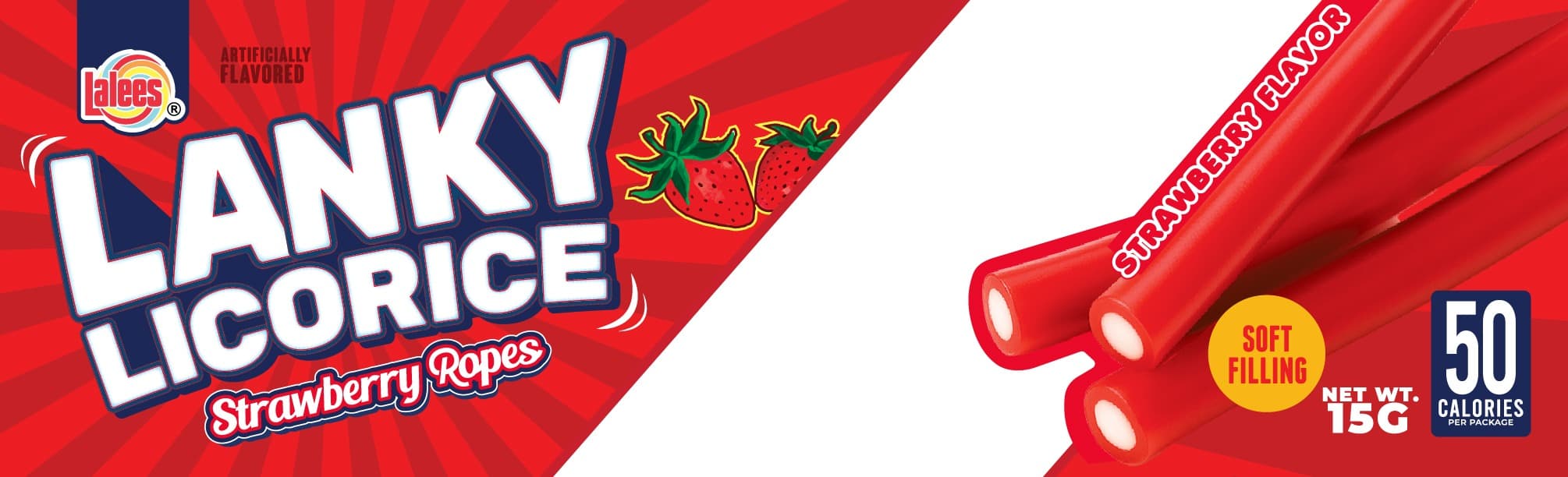 Redesigned front label — sunburst red, stacked logotype, strawberry photography, soft-filling and 50-count roundels