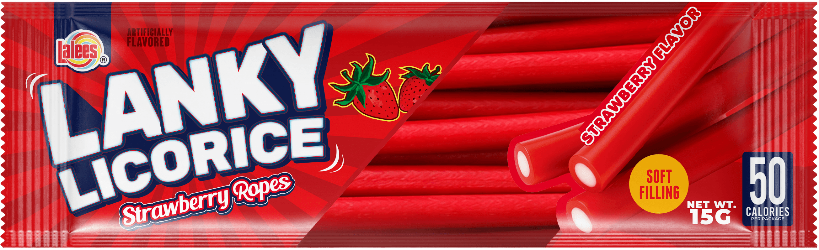 The redesigned stick wrapper — confident red, bold logotype, clear strawberry cue