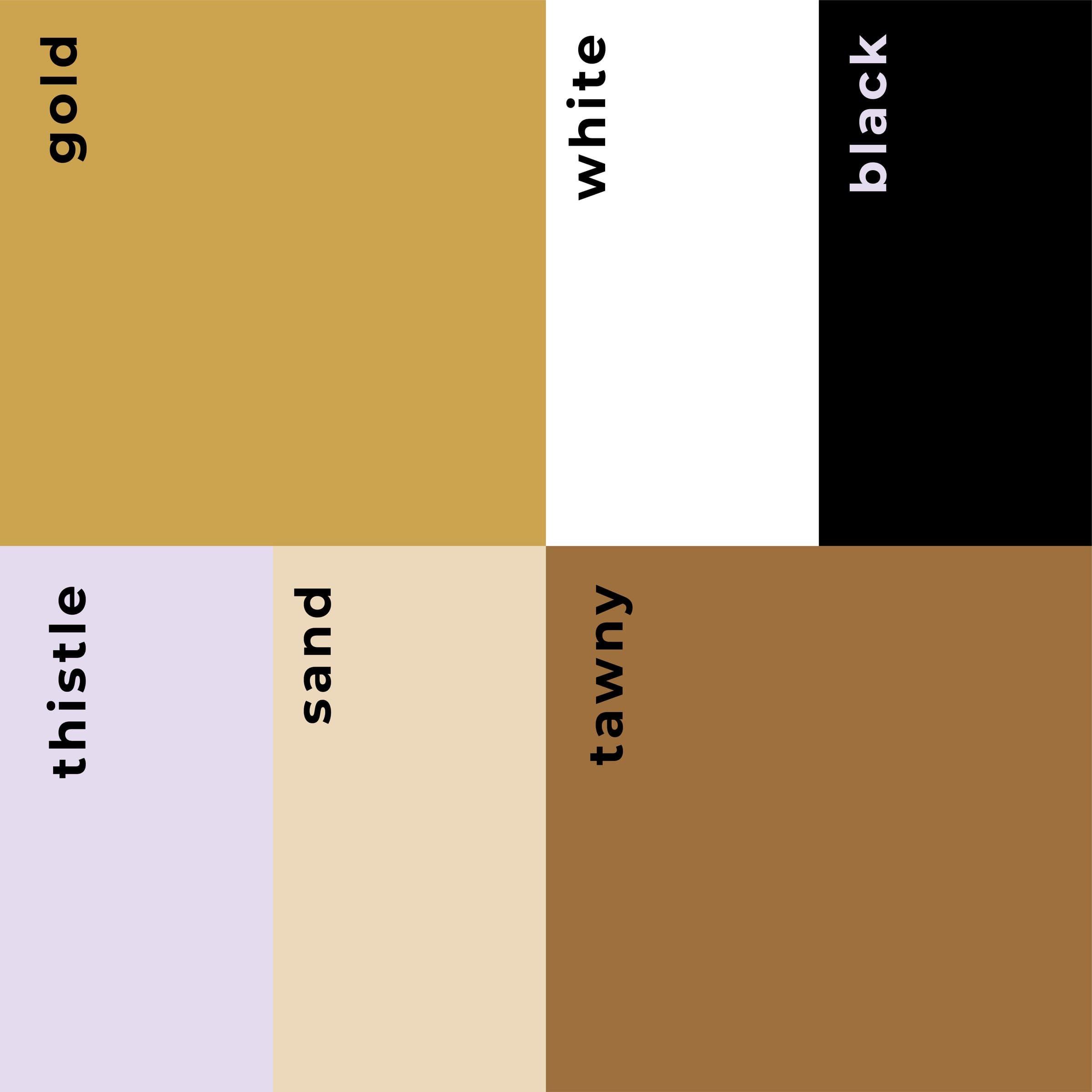 Brand palette: gold, white, black, thistle, sand and tawny