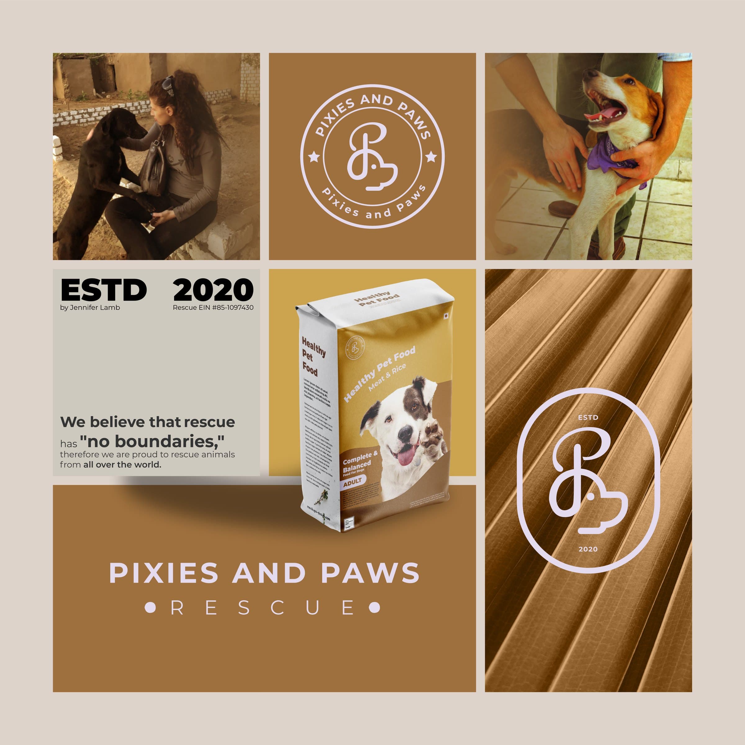Full Pixies and Paws brand board — logo, photos, packaging and type together