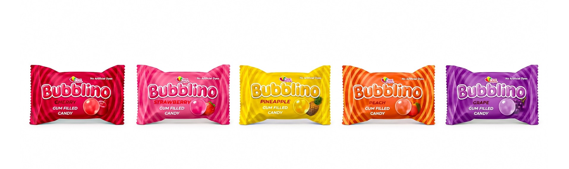 The five Bubblino flavour wrappers lined up in a row on white