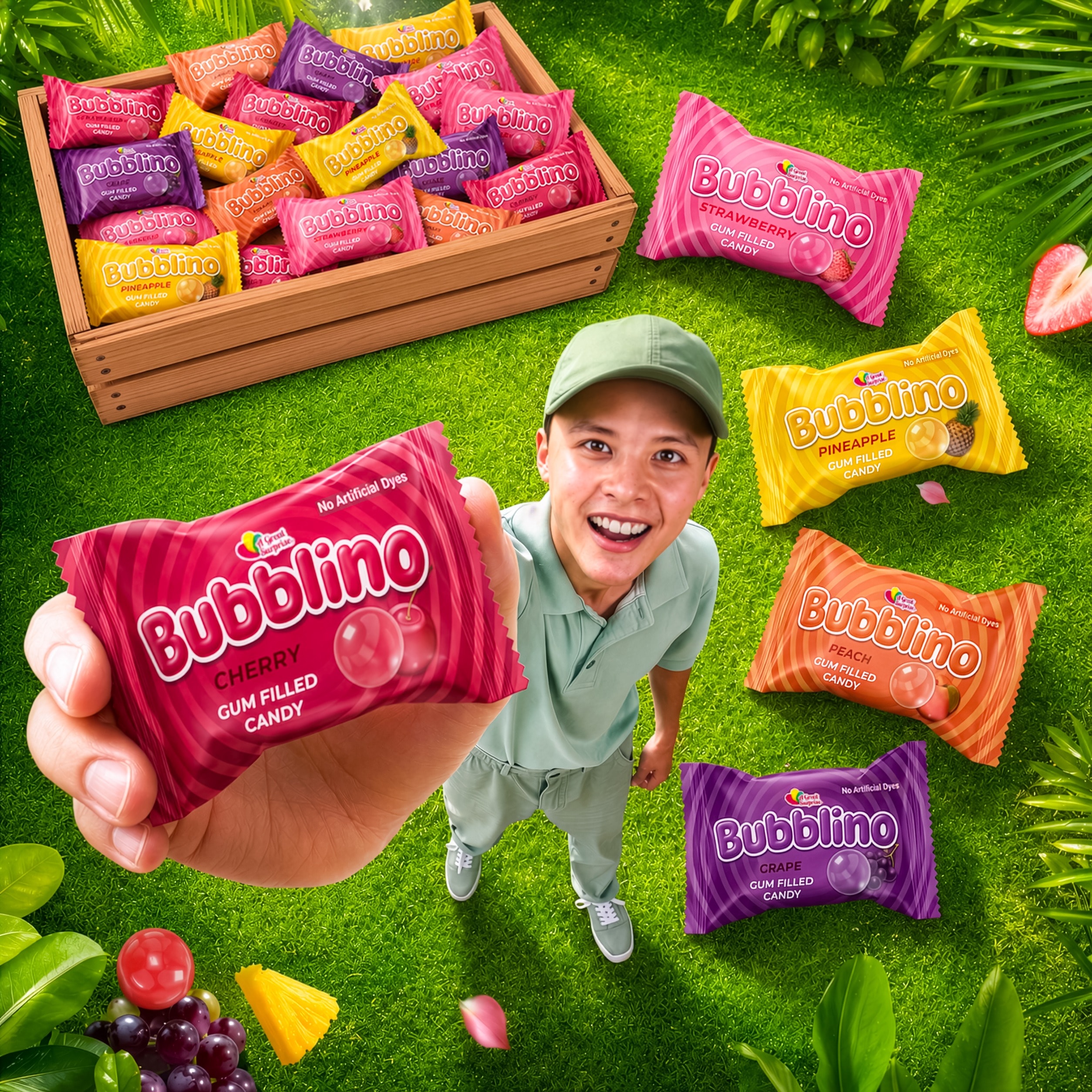 Overhead shot of a man on grass holding a strawberry Bubblino beside a crate of giant wrappers