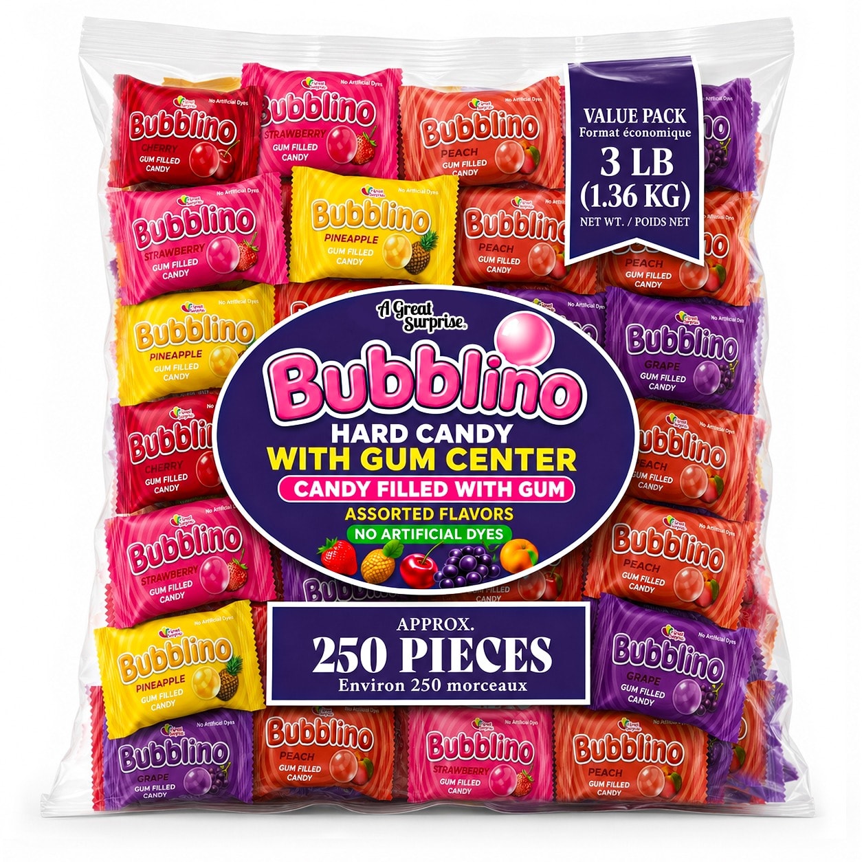 The 3 lb Bubblino value pack, roughly 250 pieces, photographed on white
