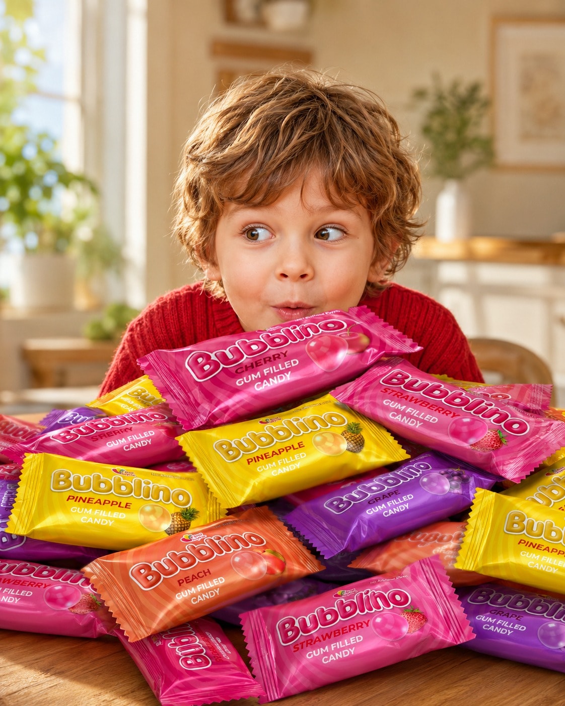 A kid at a sunlit kitchen table eyeing a pile of Bubblino candies