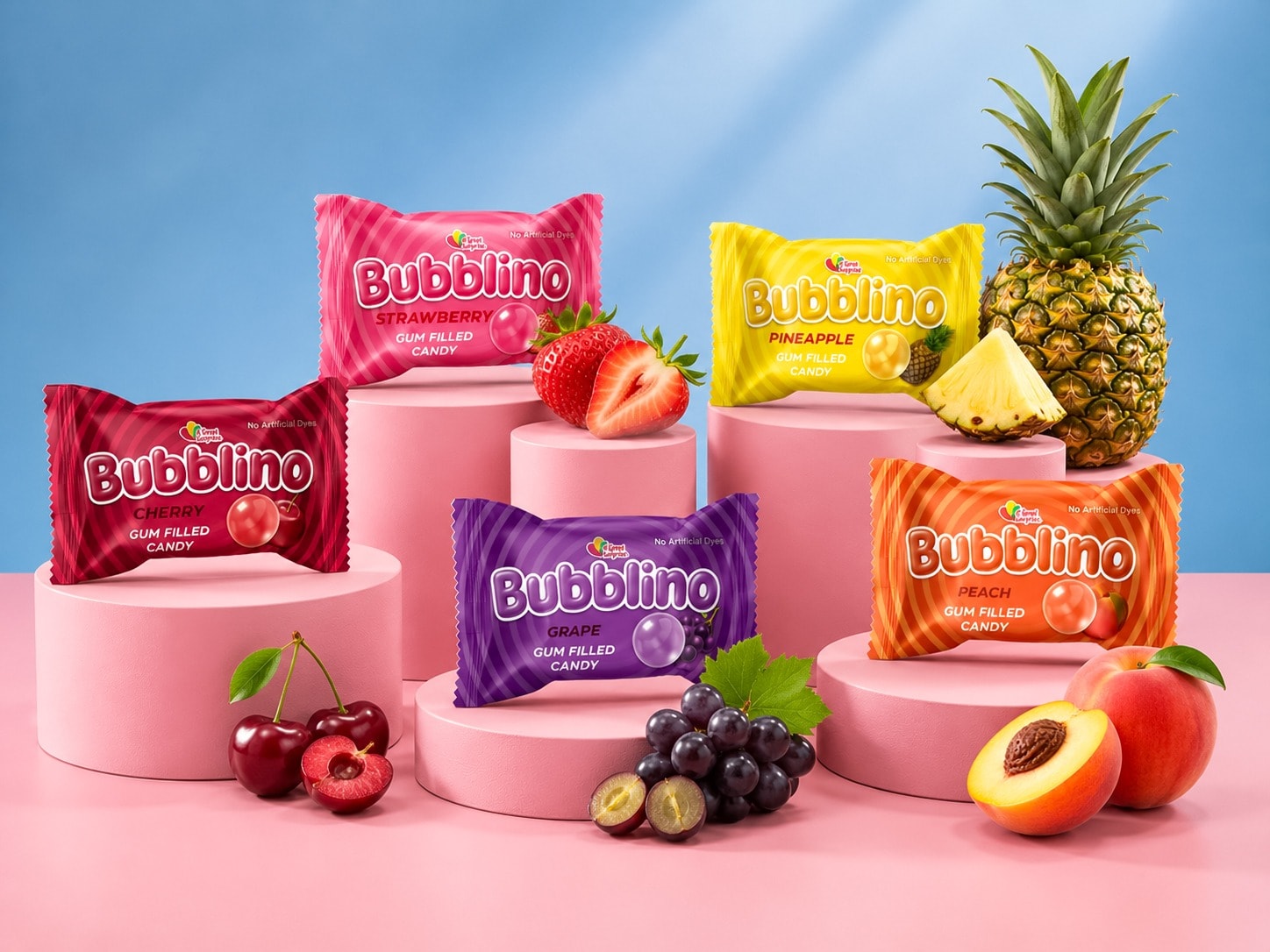 Bubblino wrappers on pastel podiums beside a pineapple, cherries, grapes and a peach