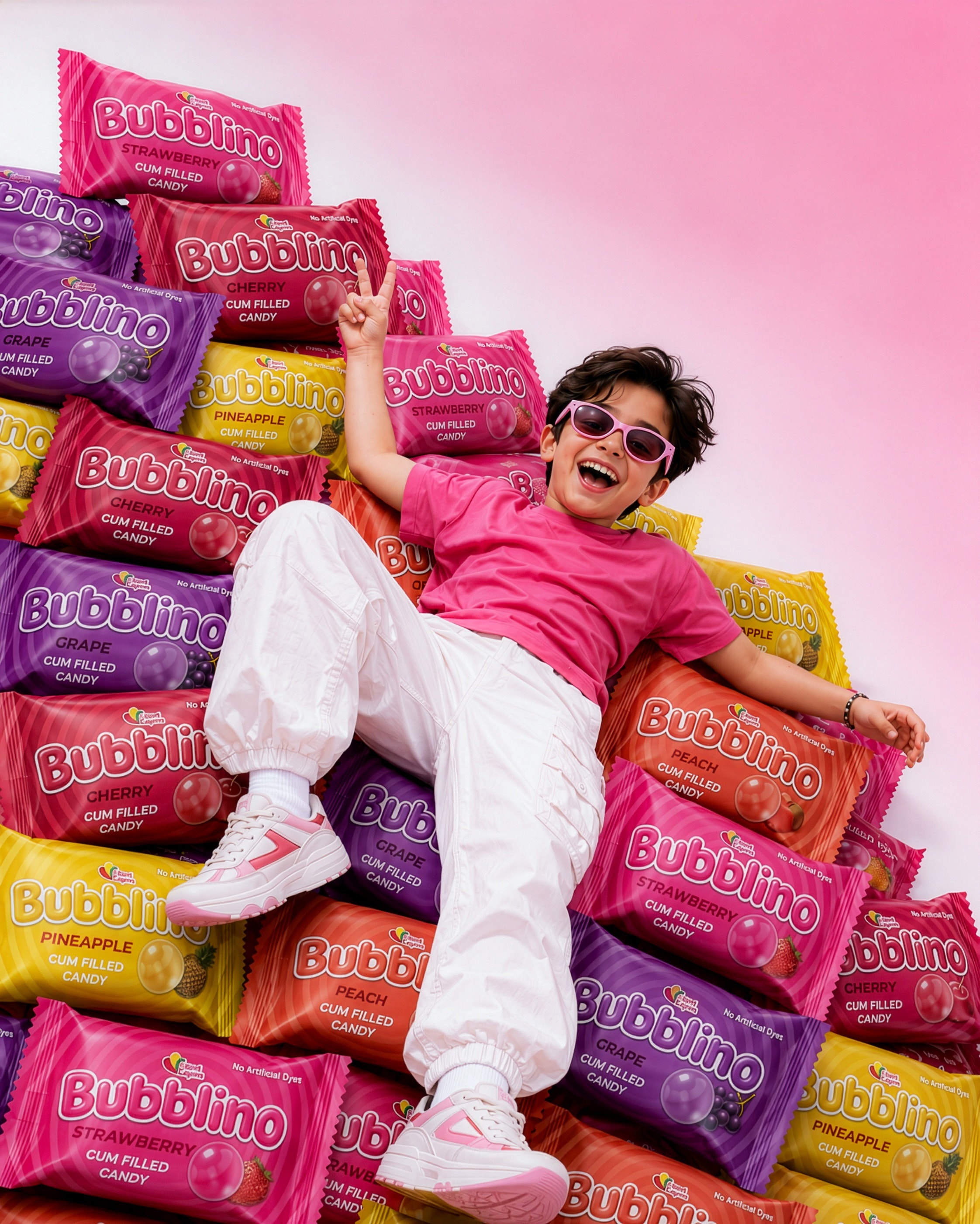 Man in pink lounging across a mountain of giant Bubblino wrappers