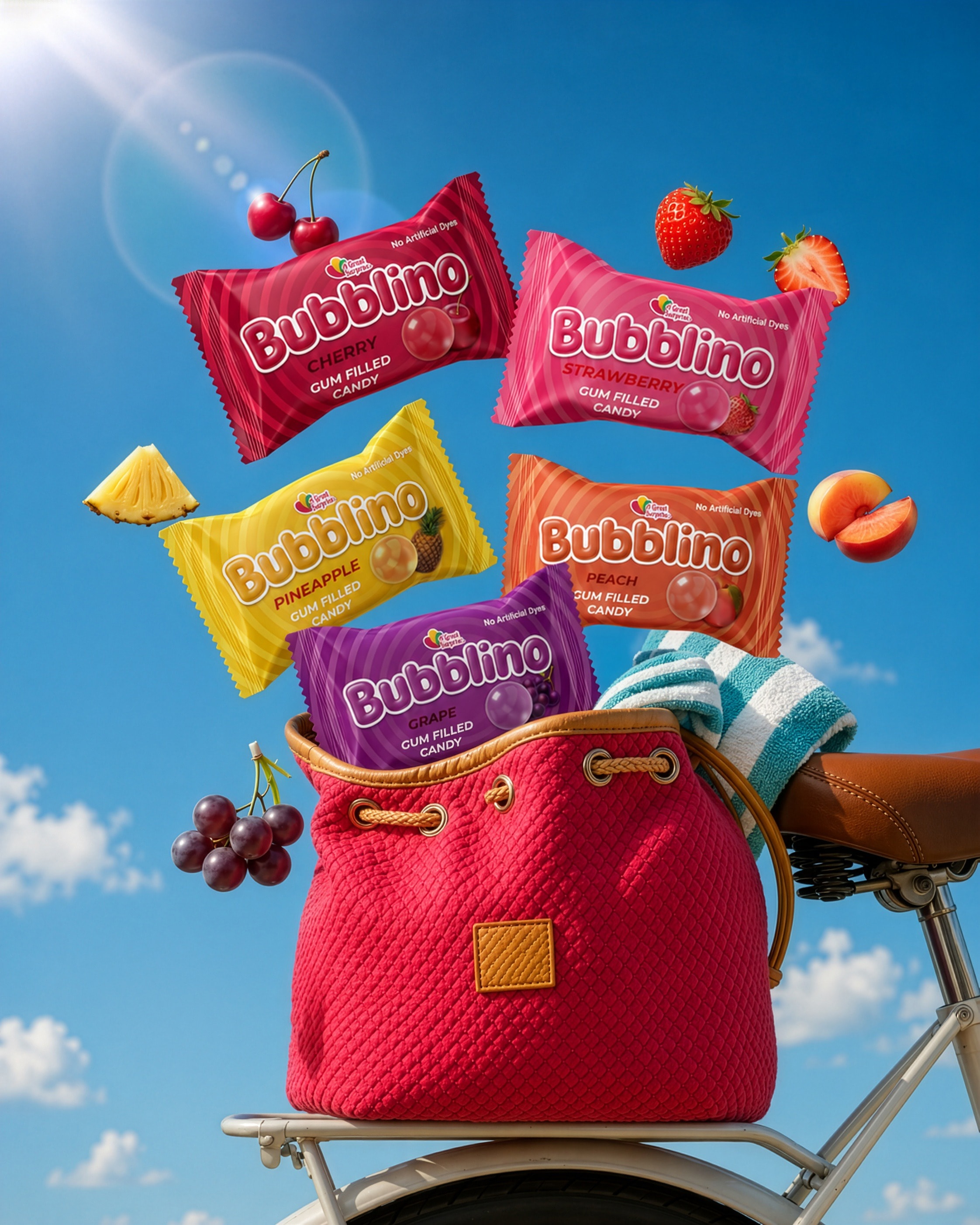 Bubblino wrappers and fruit bursting out of a red bike bag against a summer sky