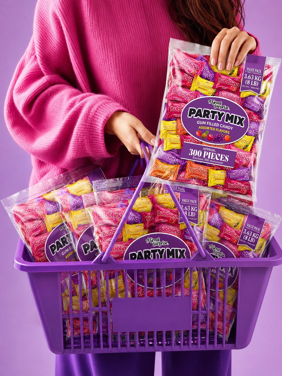 Shopper in purple carrying a purple basket loaded with Bubblino Party Mix packs