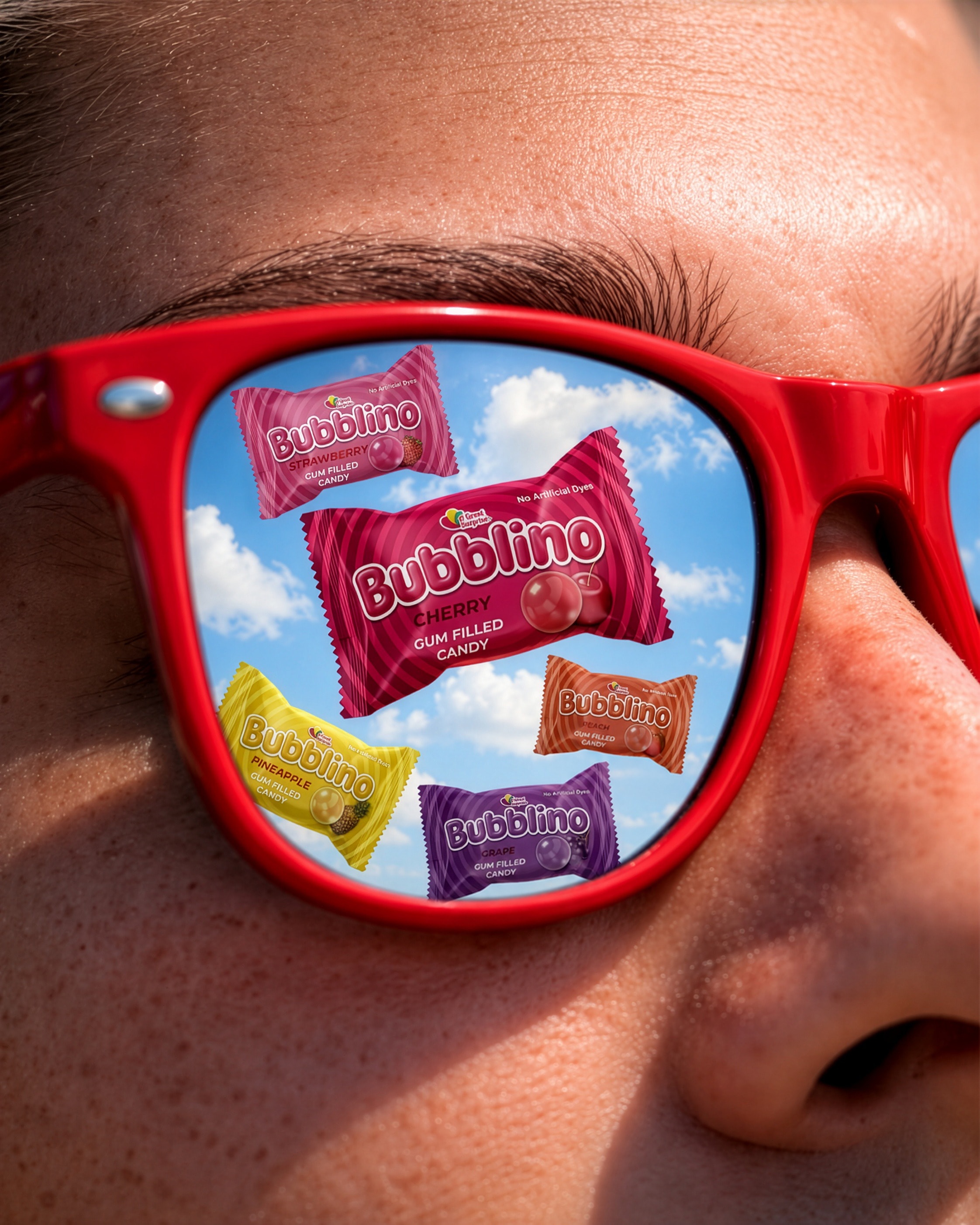 Bubblino wrappers and blue sky reflected in both lenses of red sunglasses