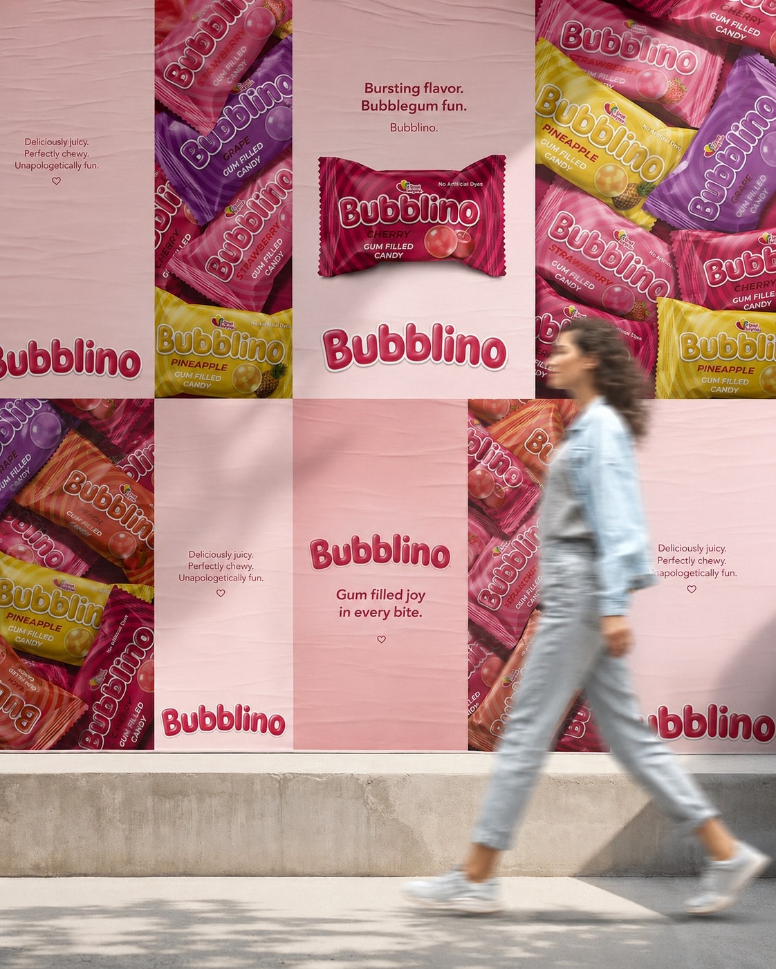Street wall of pink Bubblino posters with a passerby walking past
