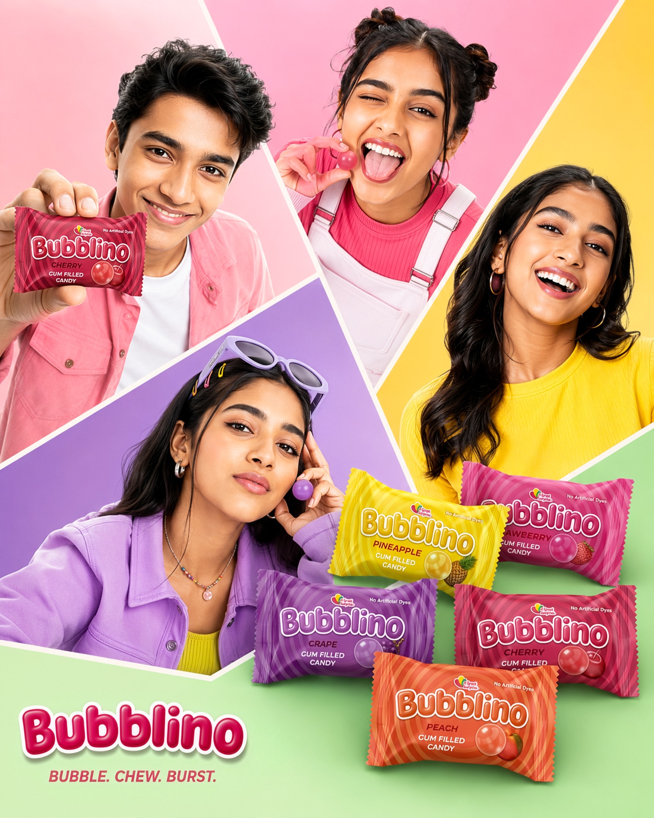 Bubblino campaign key visual — four laughing faces in colour-blocked panels around giant flavour wrappers, with the tagline Bubble. Chew. Burst.