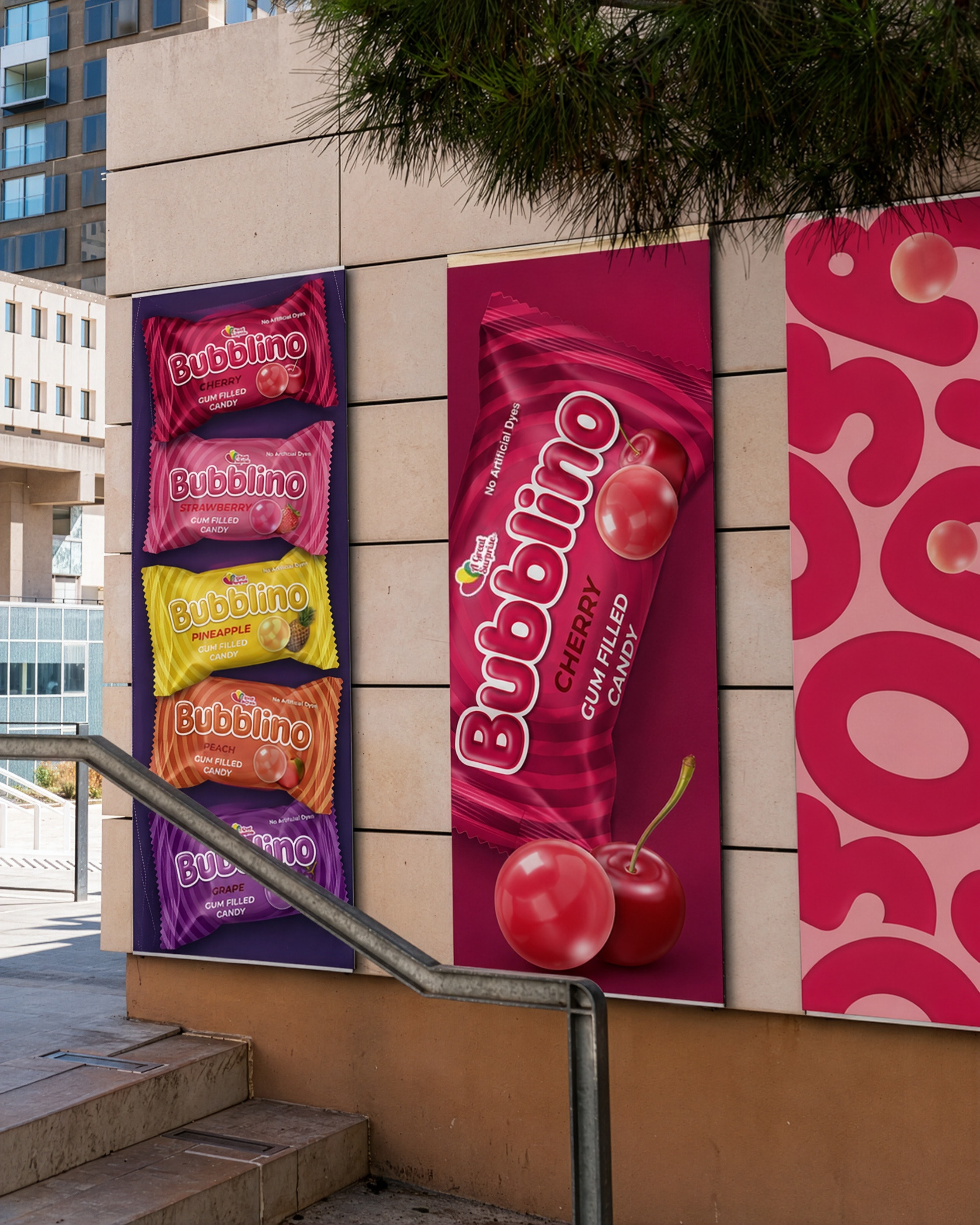 Bubblino posters running down a building wall beside a staircase