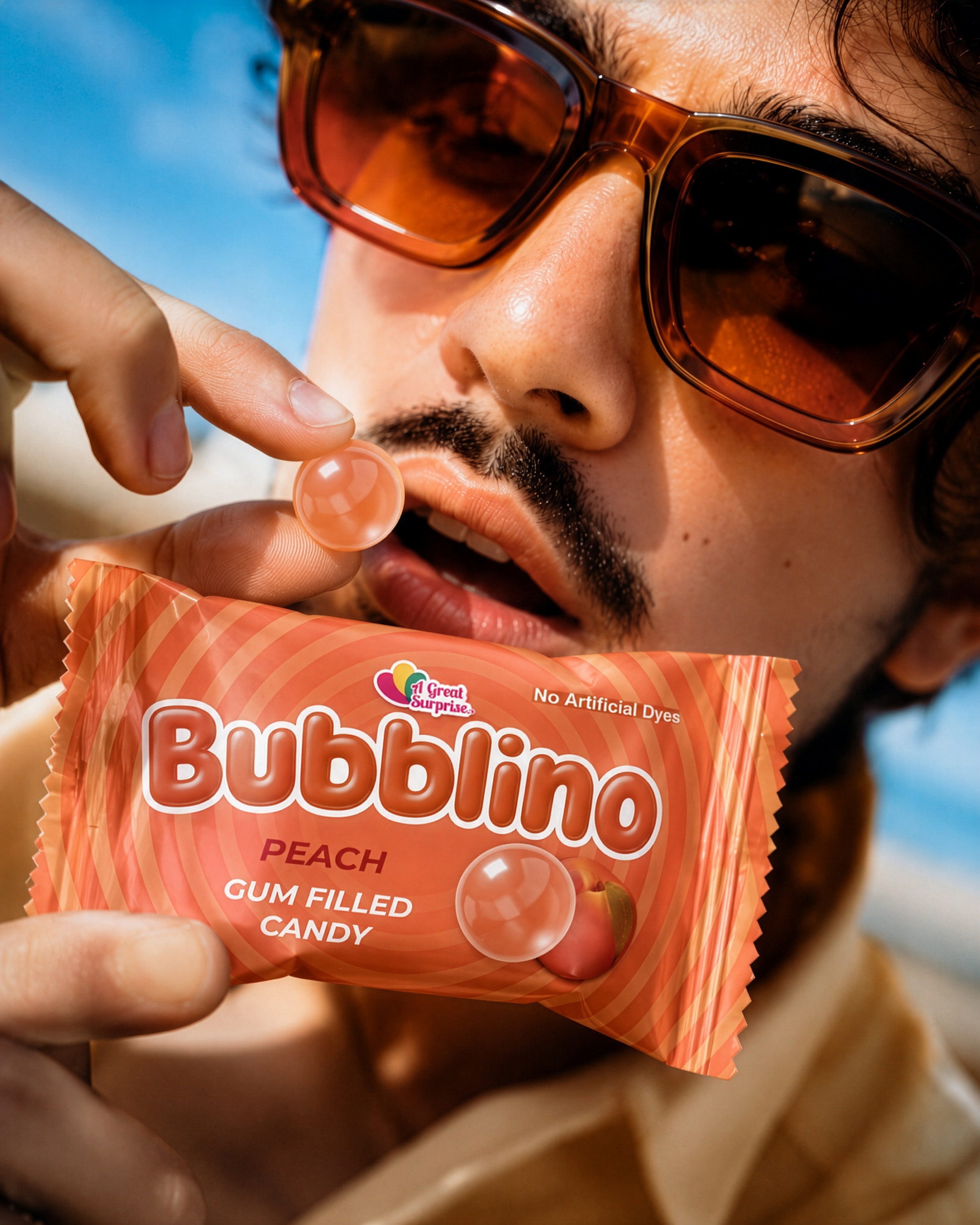 Man in amber sunglasses lifting a peach gumball to his mouth, wrapper in the foreground