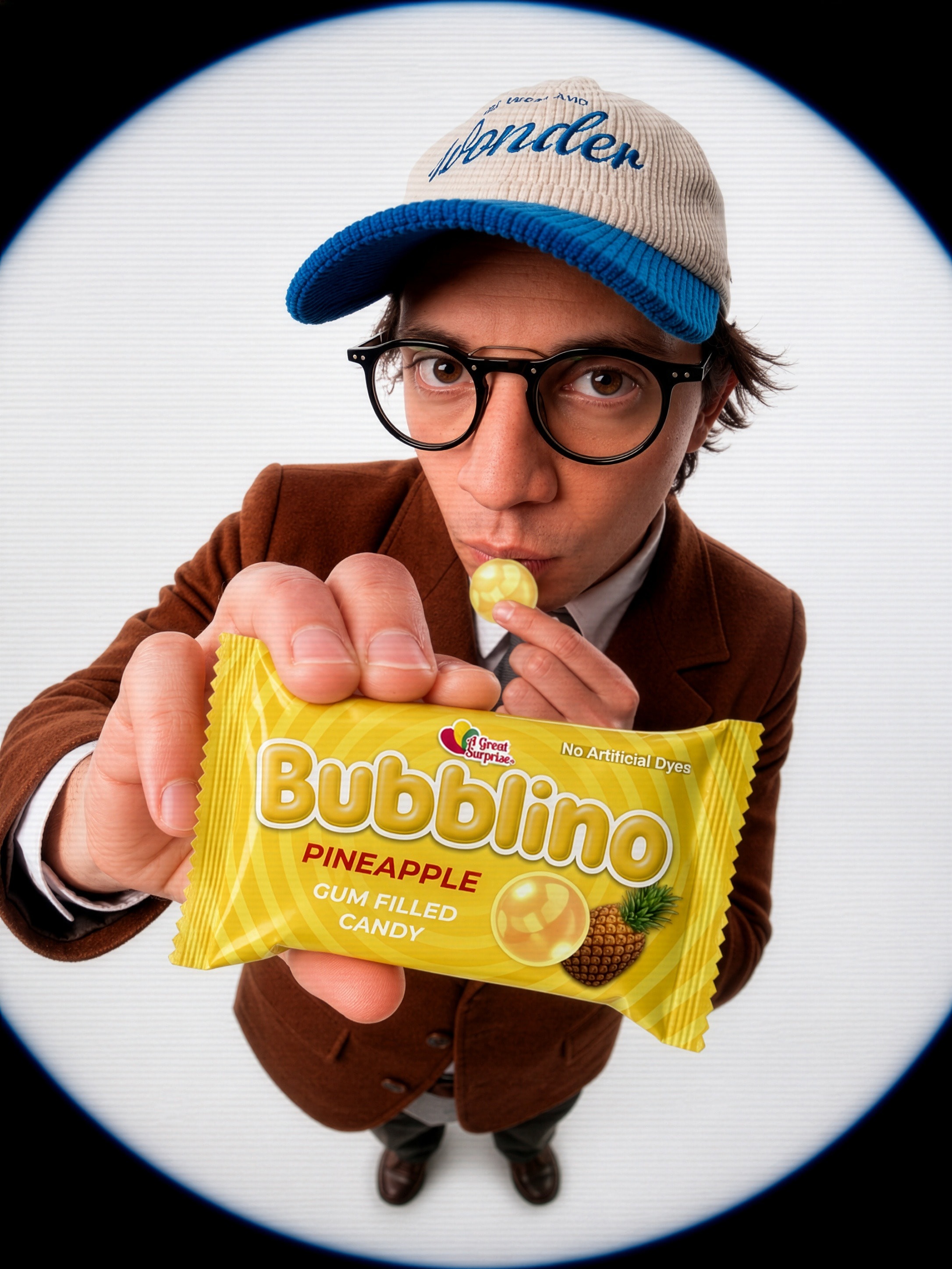 Fisheye portrait of a man in a cap offering a pineapple Bubblino to the camera