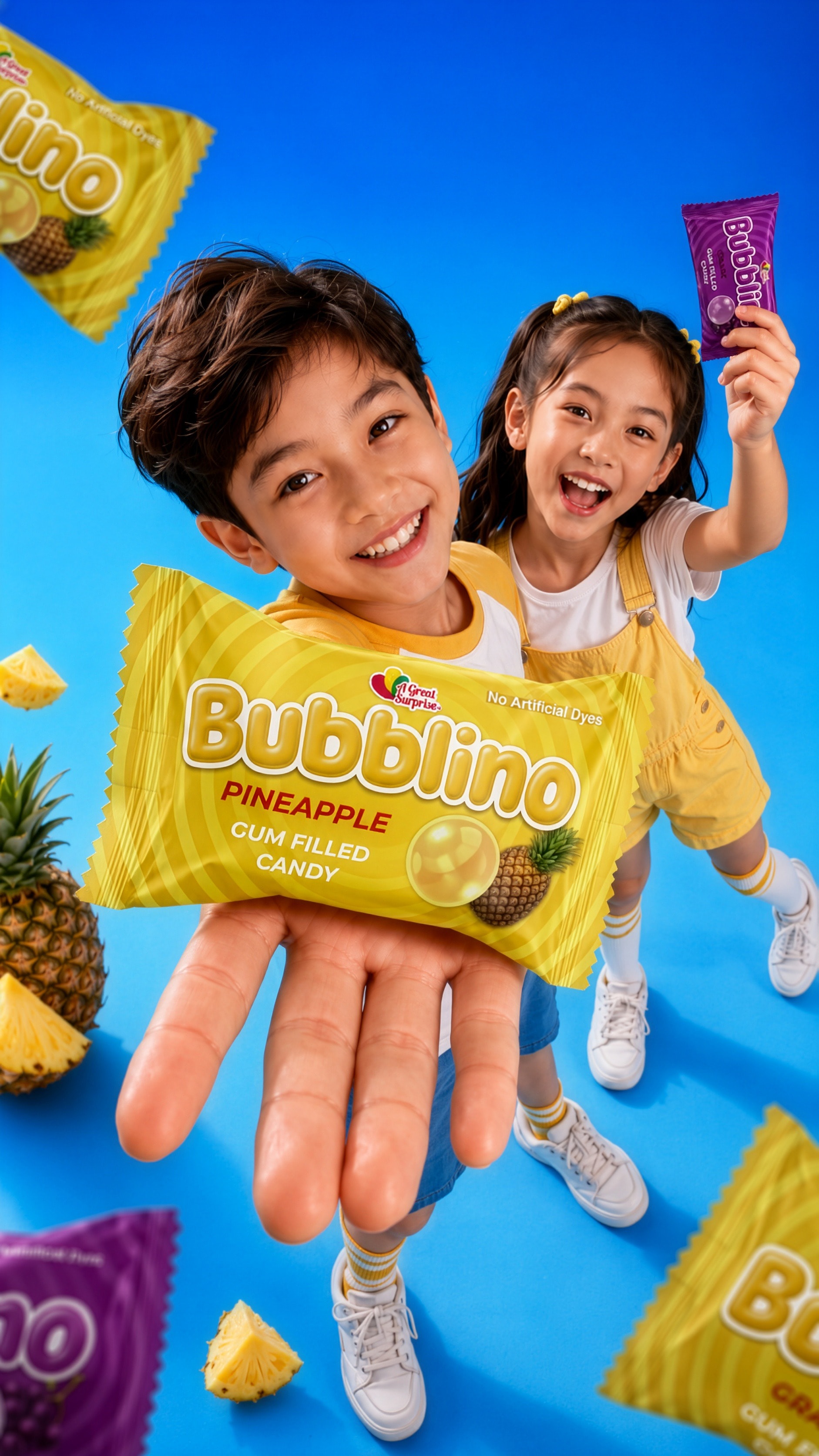 Two kids on blue holding pineapple Bubblino packs with pineapple pieces flying