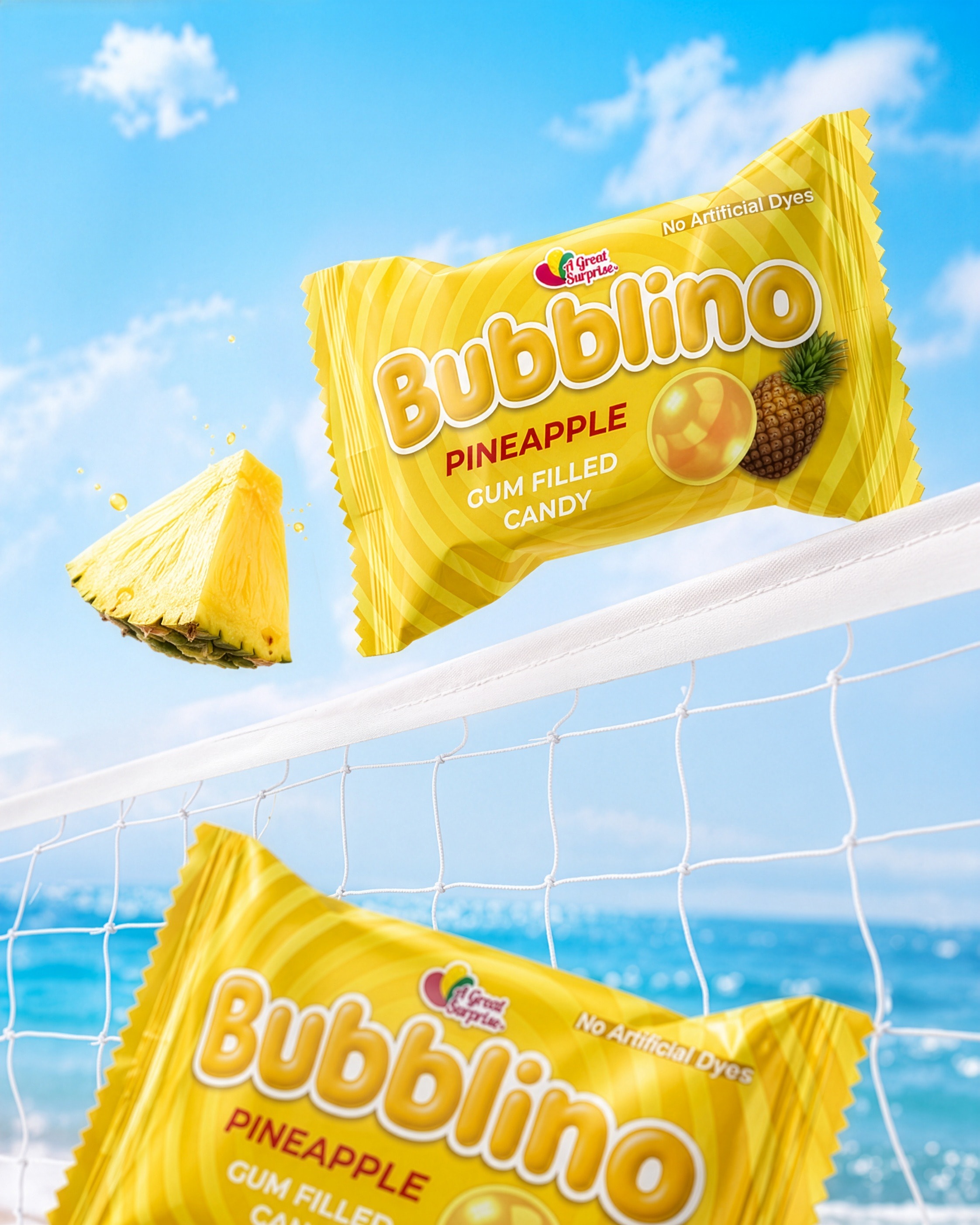 Pineapple Bubblino wrappers flying over a beach volleyball net