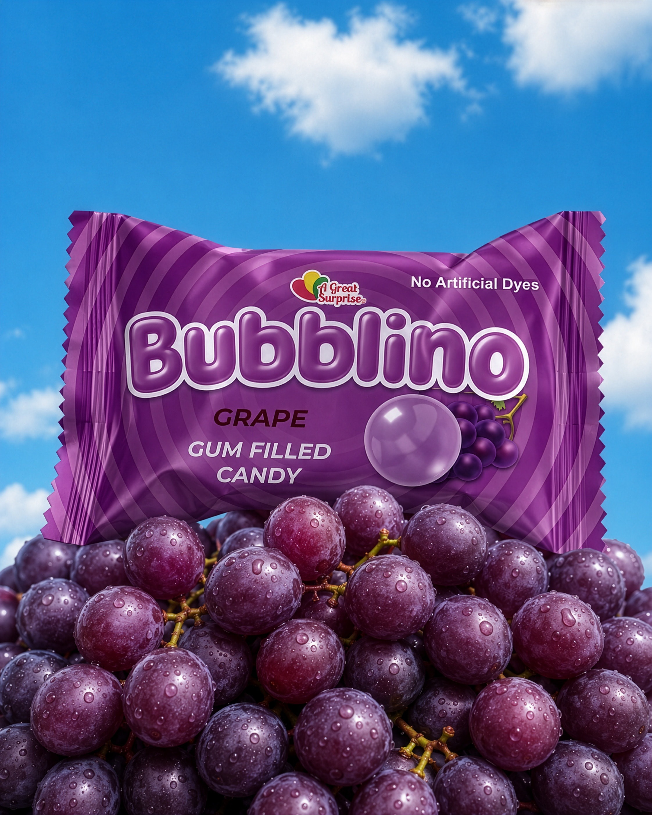 Grape Bubblino pack resting on a bed of real grapes against a blue sky