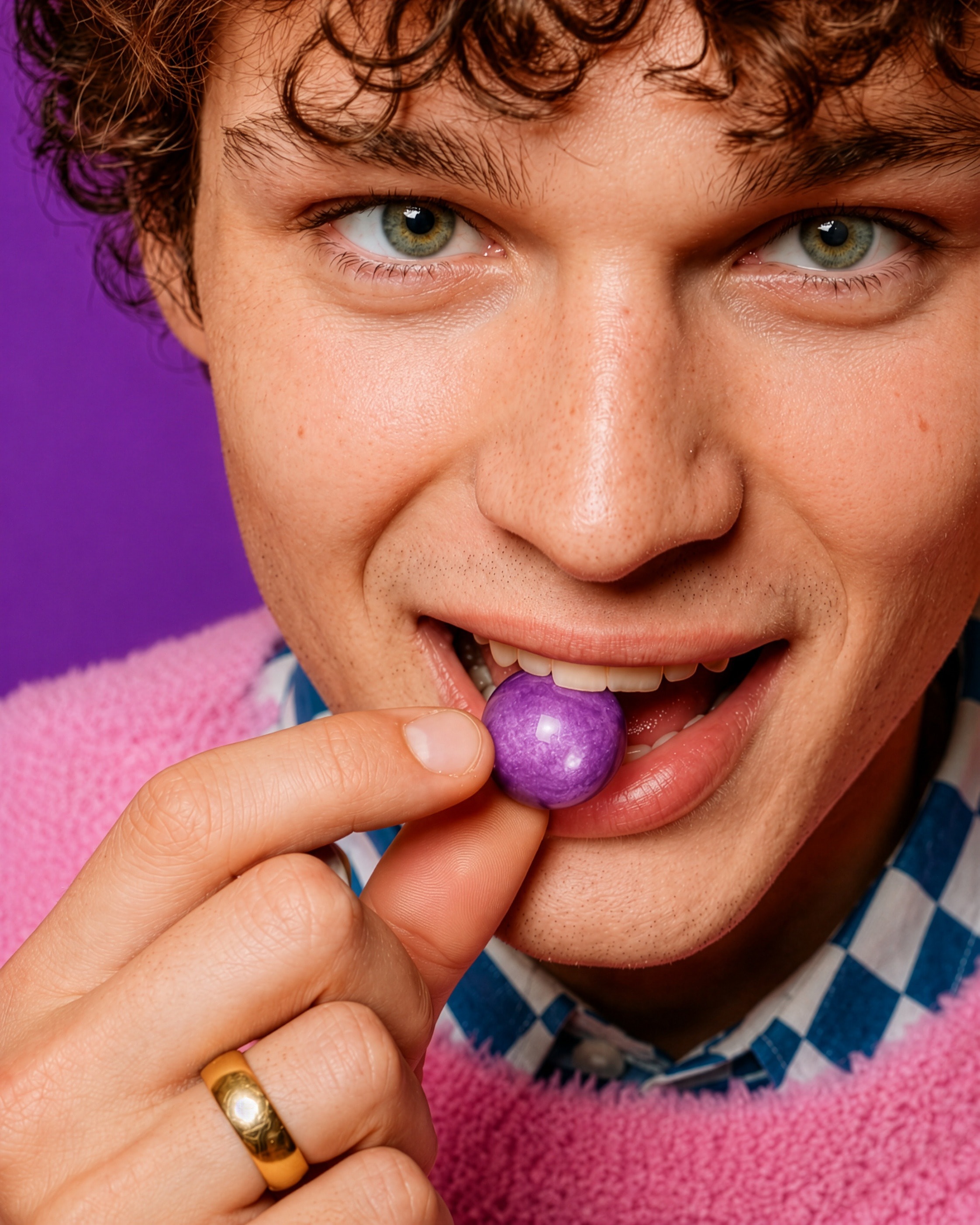 Close portrait of a man biting a purple gumball