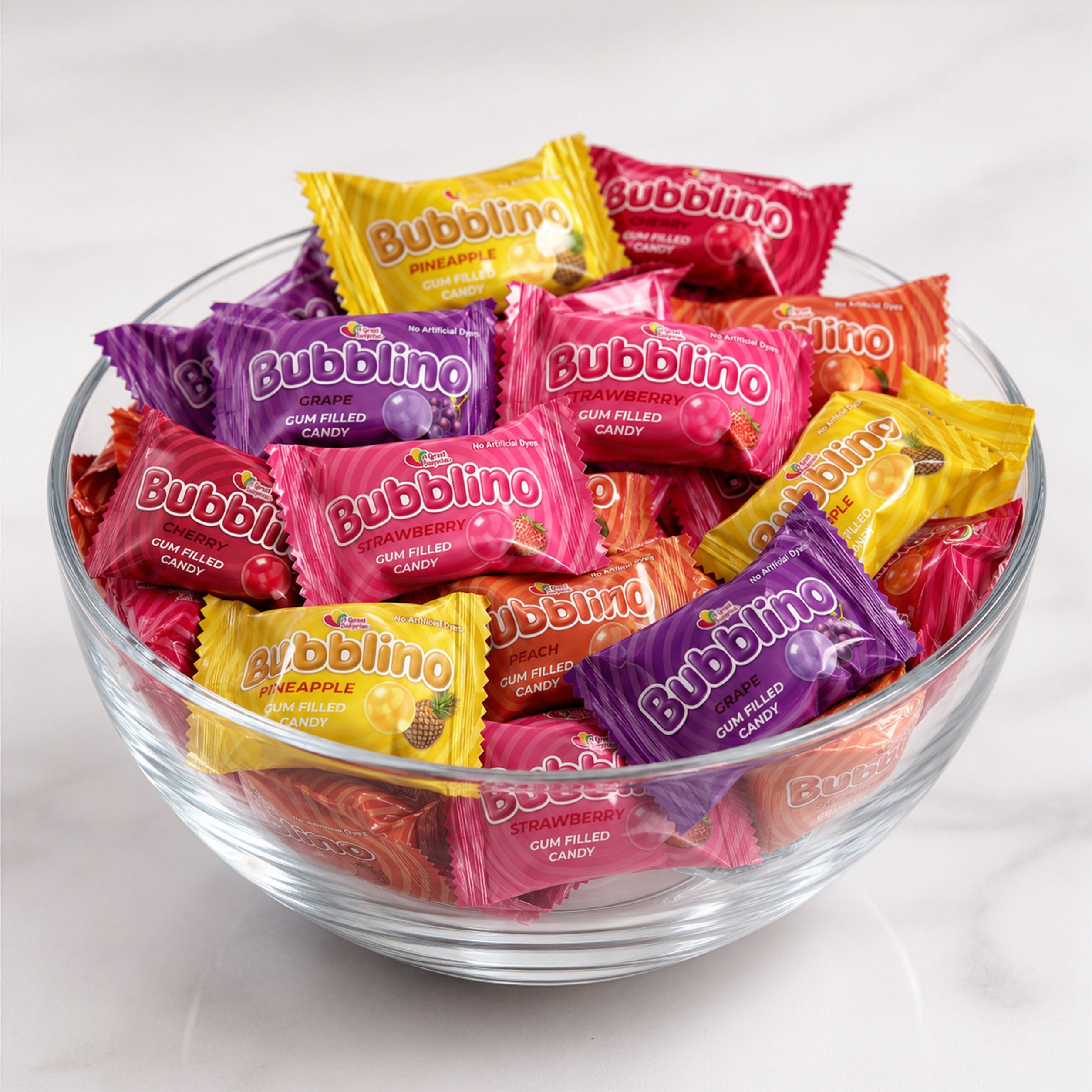 A glass bowl piled with Bubblino wrappers in all five flavours on marble