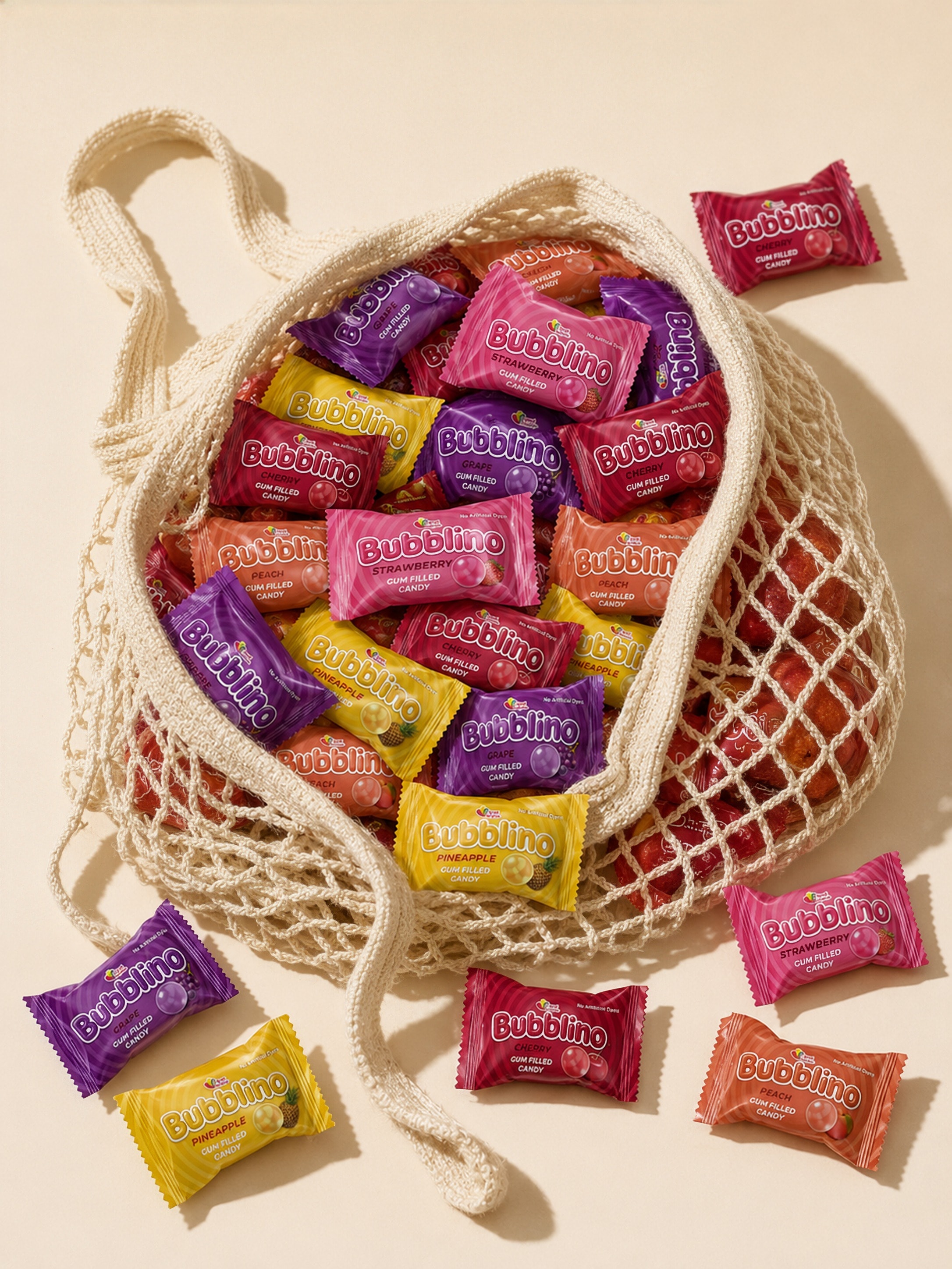 A net market bag spilling Bubblino wrappers, photographed from above on cream