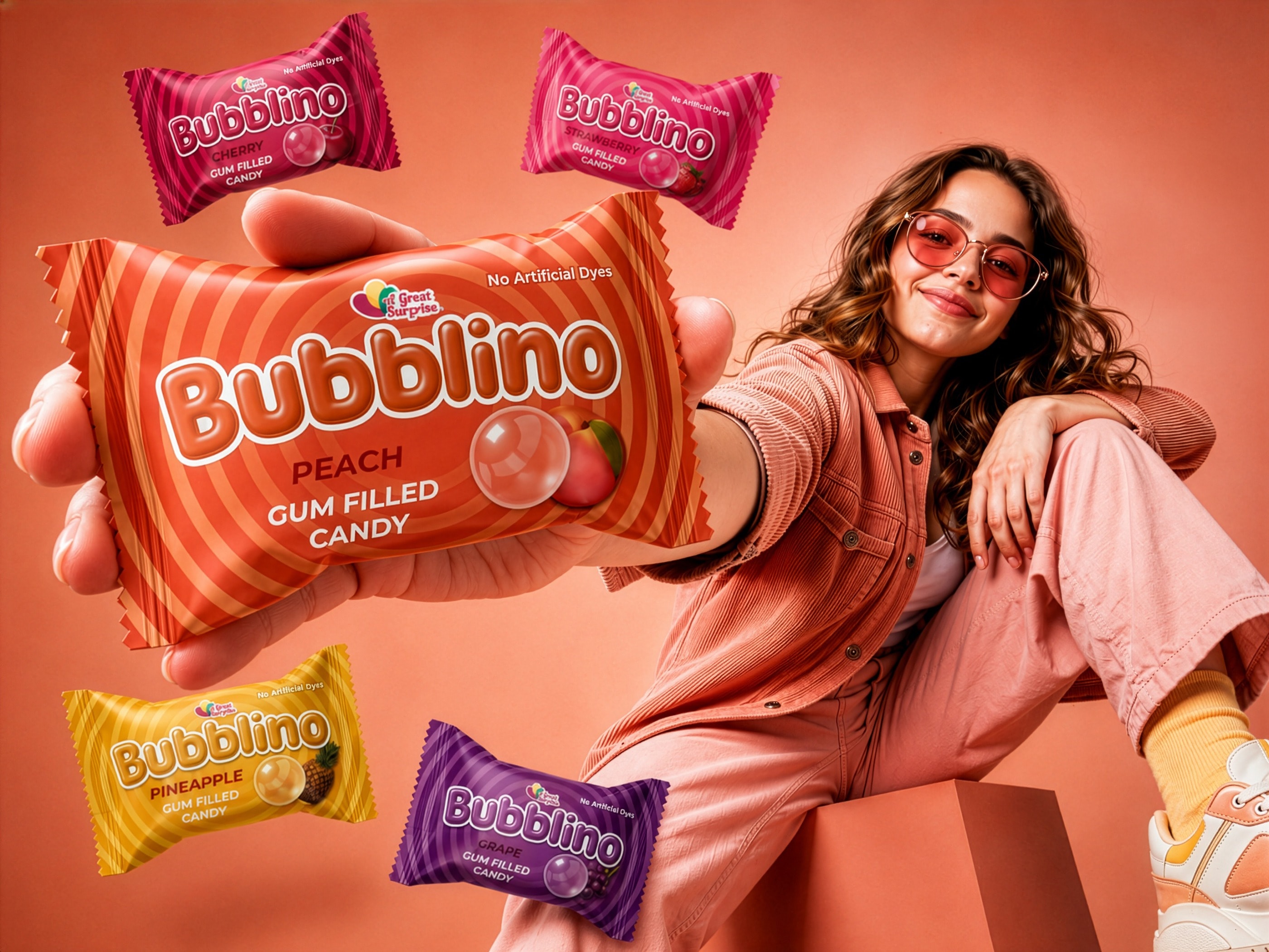 Model in peach tones reaching a Bubblino peach wrapper toward the camera, flavour packs floating around her