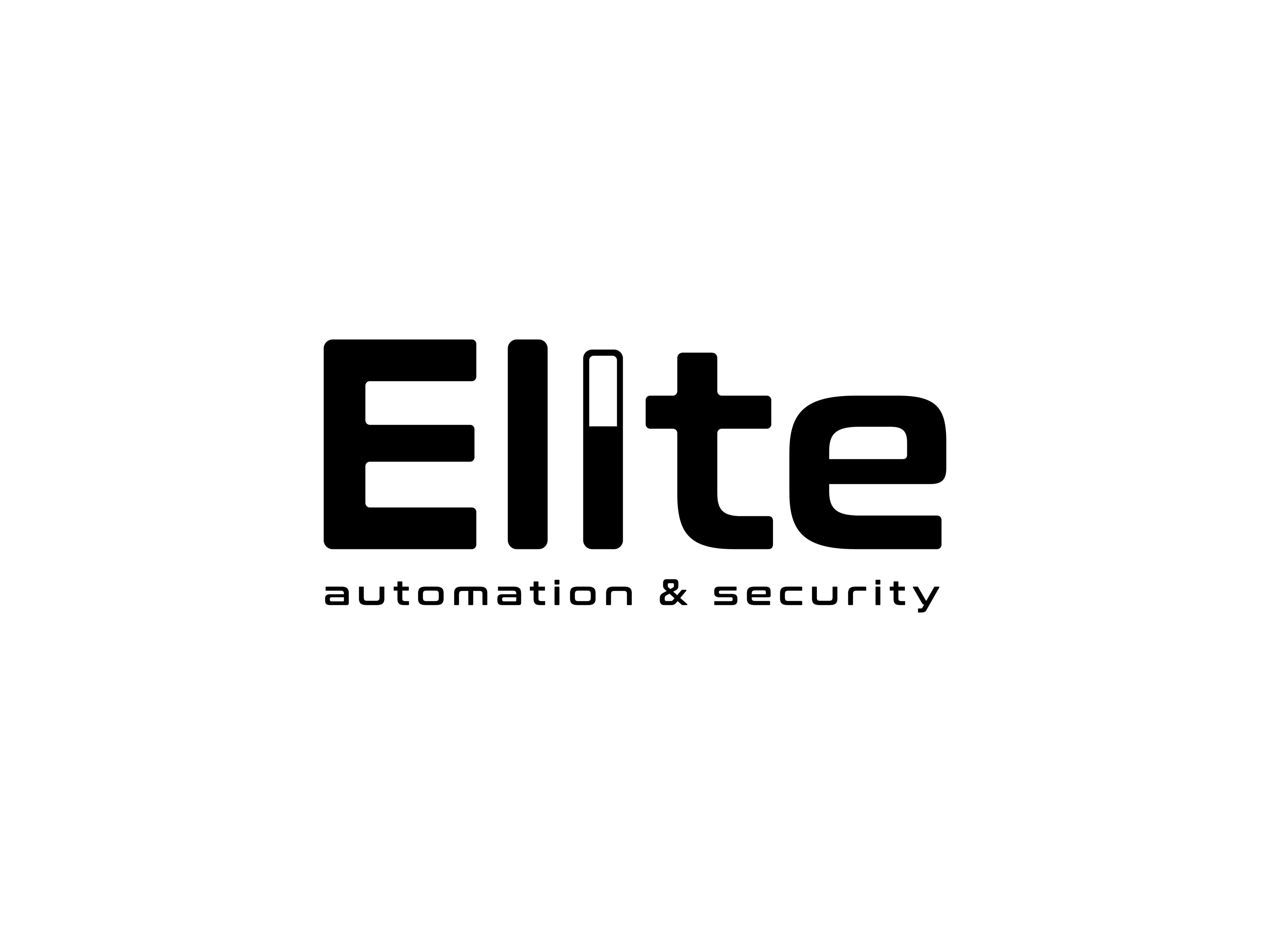 Elite — automation & security wordmark in black on white, the 'l' styled as a sensor