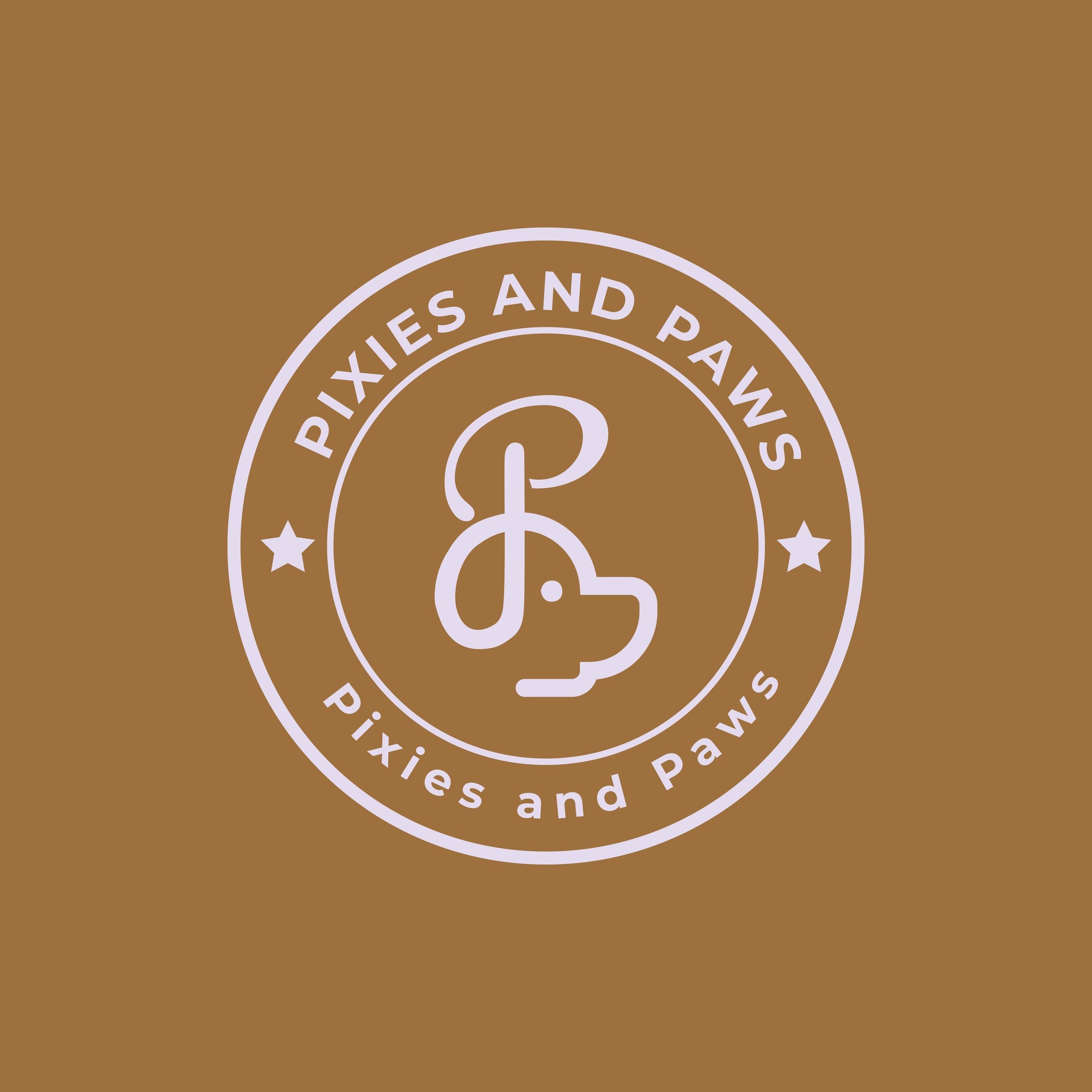 Pixies and Paws Rescue circular badge logo on a tawny brown field