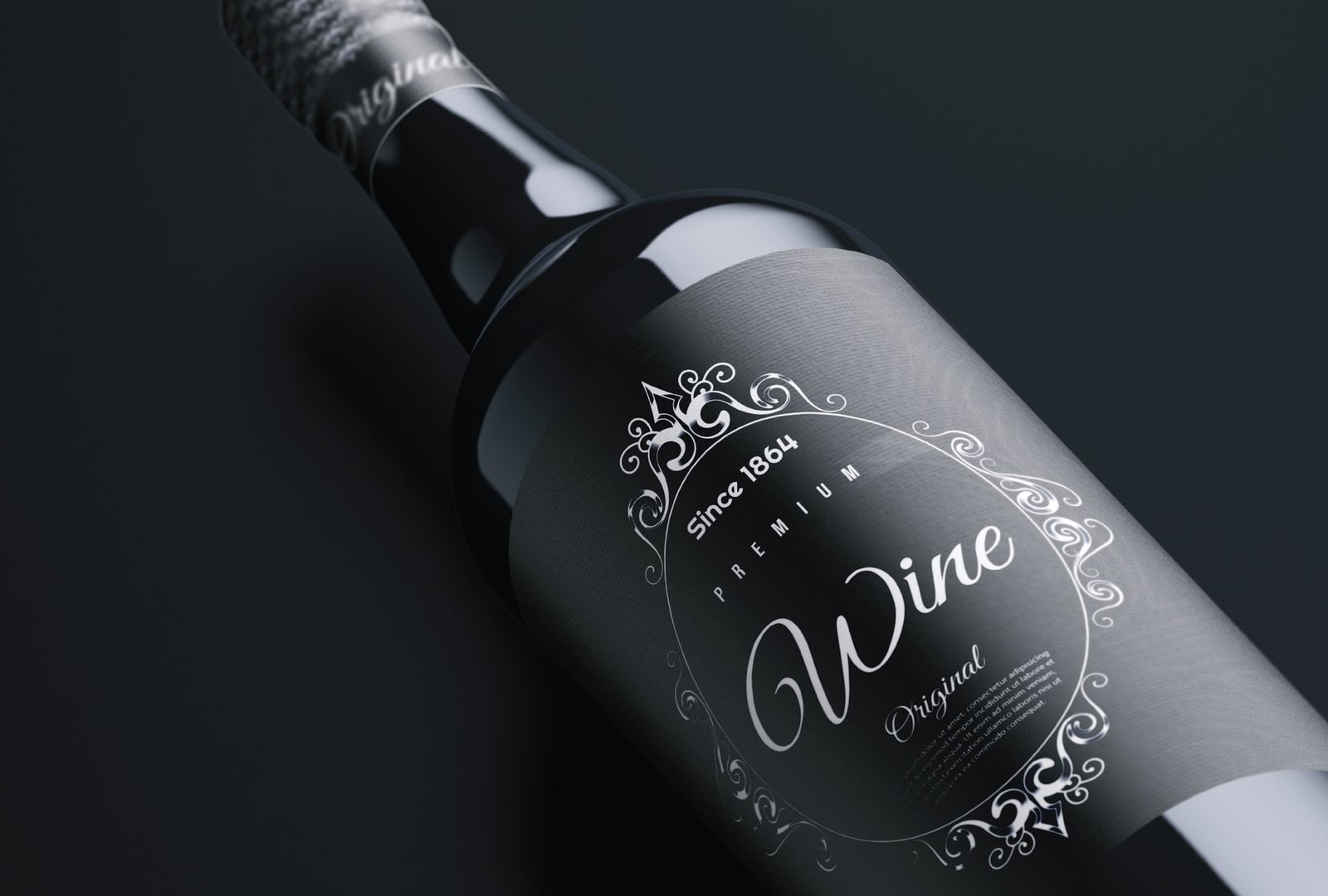Since 1864 premium wine label on a dark bottle, close up