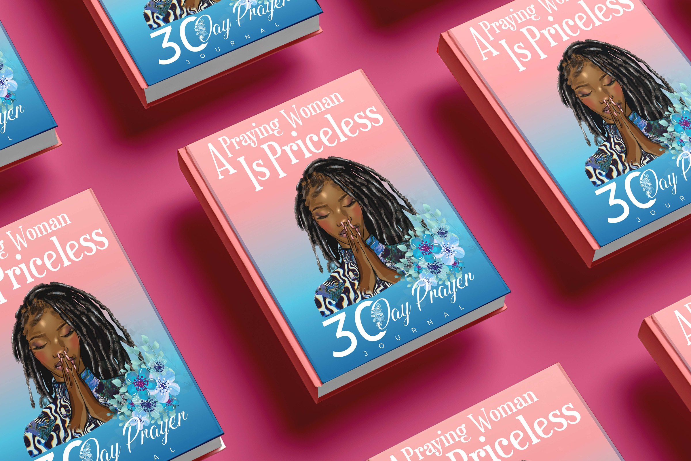 Grid of A Praying Woman Is Priceless journals standing on a pink surface