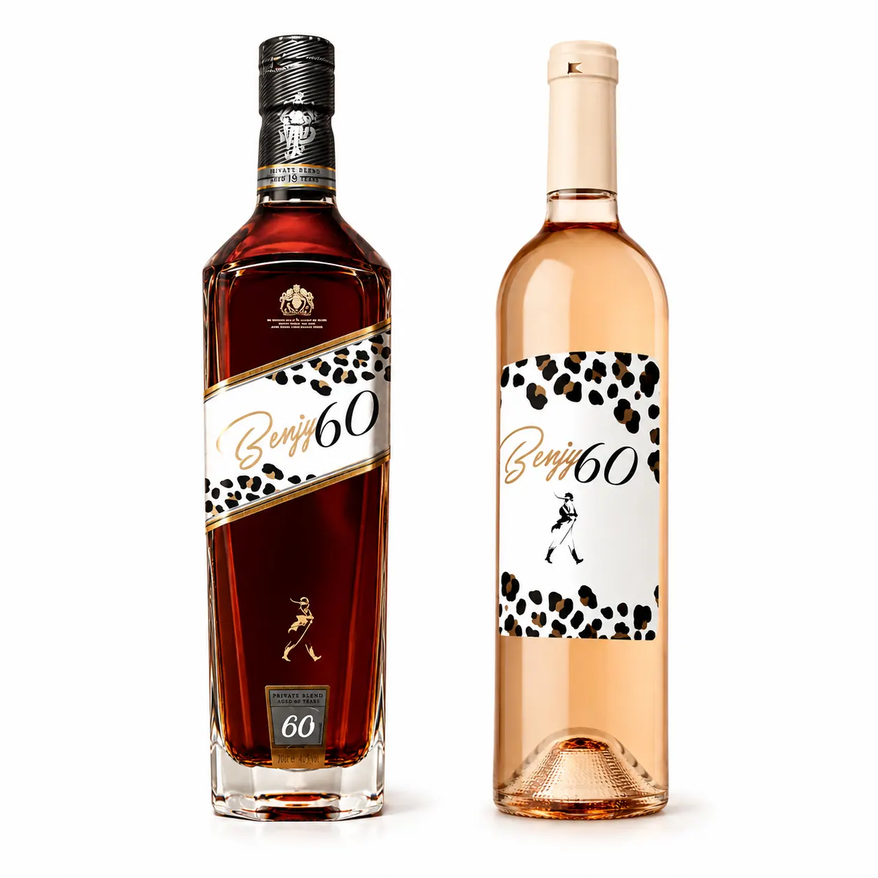 Benjy 60 whiskey and rosé bottles side by side showing the angled and square label bands