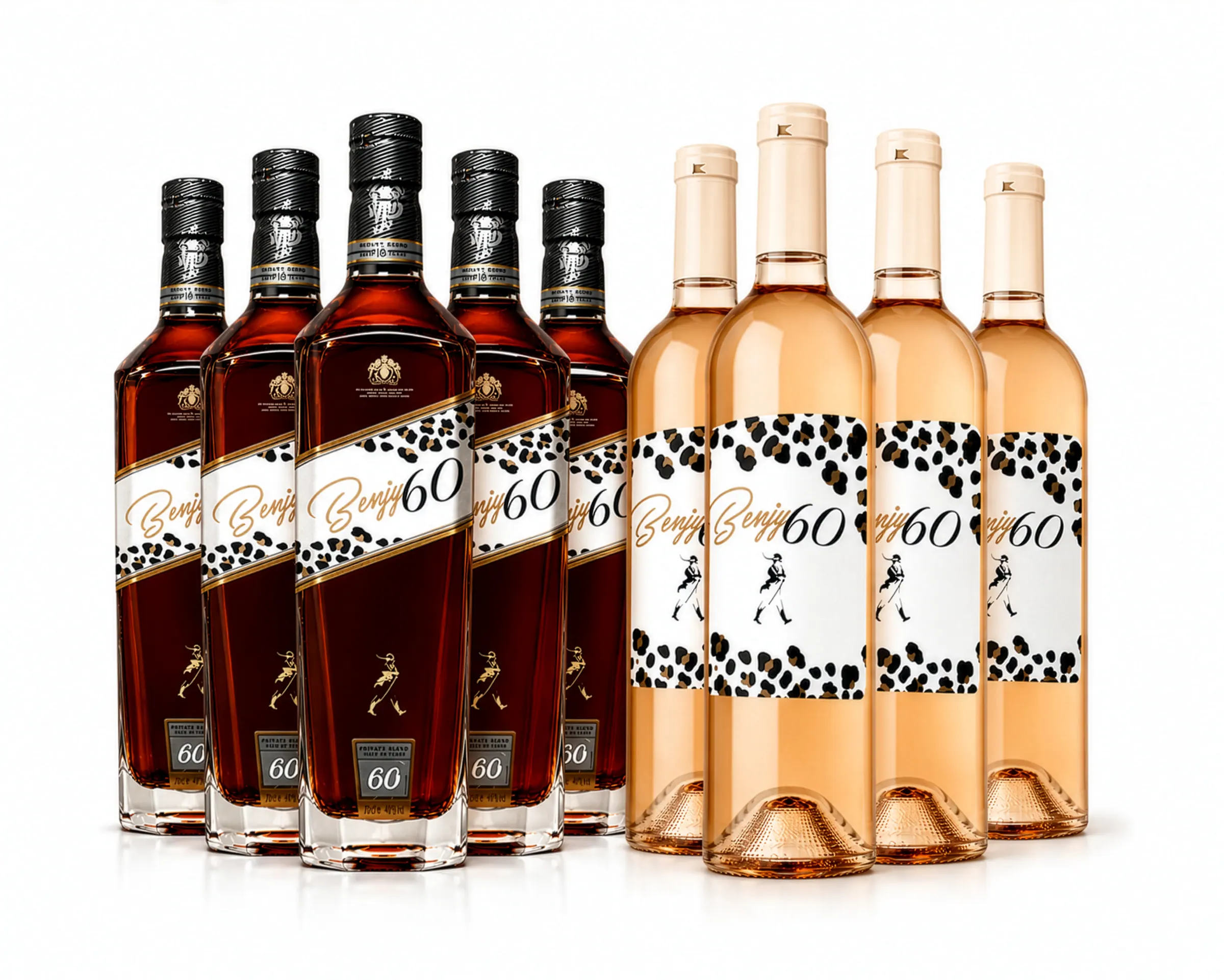 A lineup of Benjy 60 whiskey and rosé bottles
