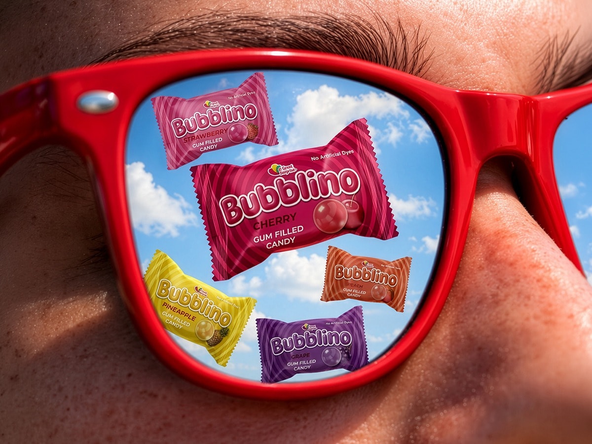 All five Bubblino flavour wrappers and a blue sky reflected in the lens of red sunglasses